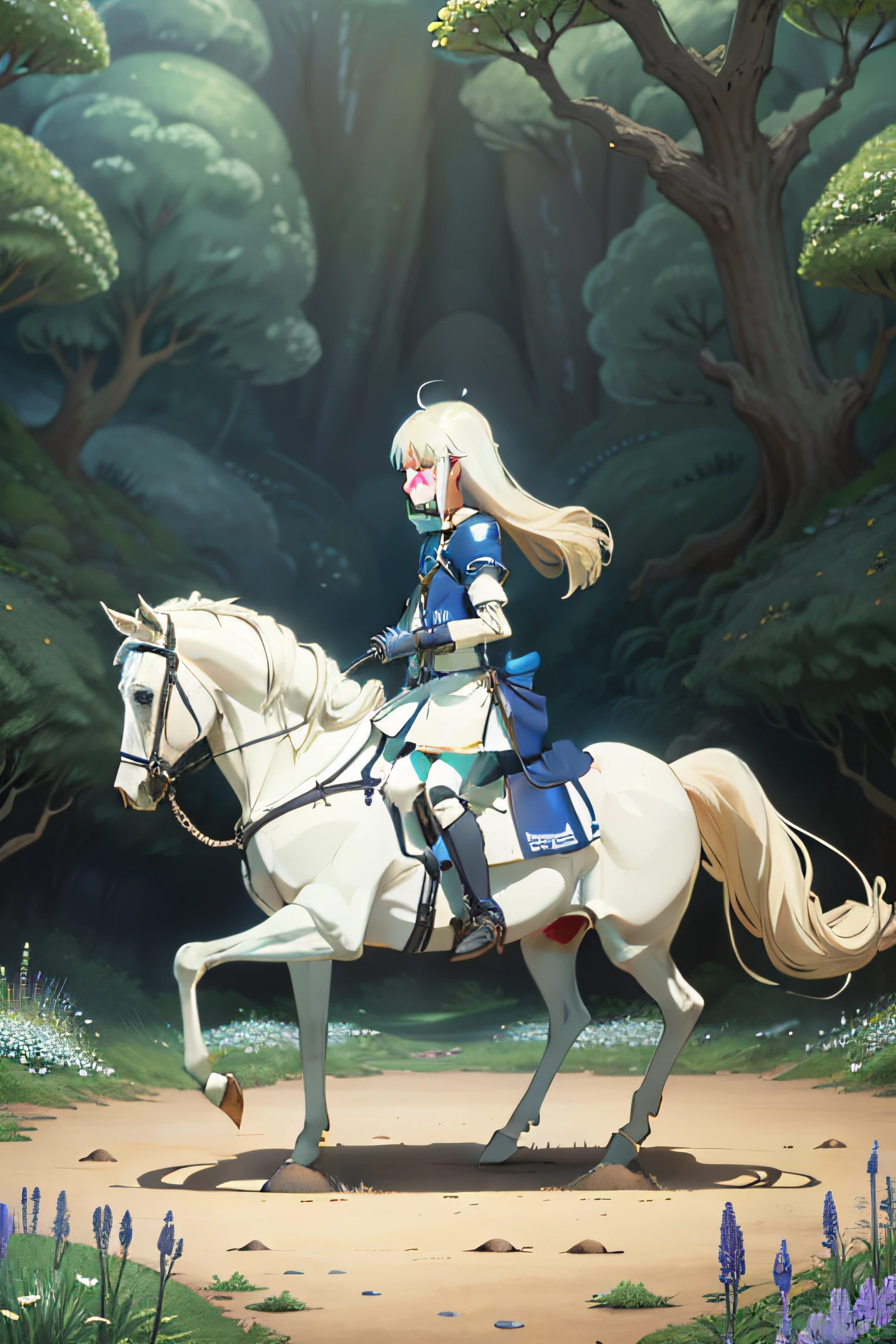 Extremely clear picture quality，detailed meticulous，White-haired knight，Forest game landscape，Wander around，sideface，shoun。