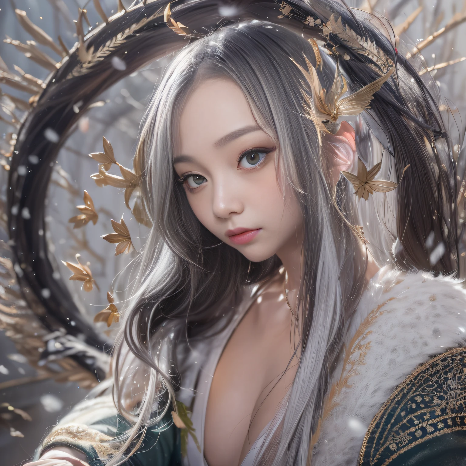 32K(tmasterpiece,k hd,hyper HD,16k)Flowing short hair,Backroom pond,zydink, a color, Asian people (Female Student), (Silk scarf), Combat posture, looking at viewert, long whitr hair, Floating hair, Hanfu, Chinese clothes, longer sleeves, (abstract ink splash:1.2), white backgrounid,Kirin Beast Protector (realisticlying:1.4),,Snowflakes fluttering,The background is pure, A high resolution, the detail, RAW photogr, Sharp Re, Nikon D850 Film Stock Photo by Jefferies Lee 4 Kodak Portra 400 Camera F1.6 shots, Rich colors, ultra-realistic vivid textures, Dramatic lighting, Unreal Engine Art Station Trend, cinestir 800,