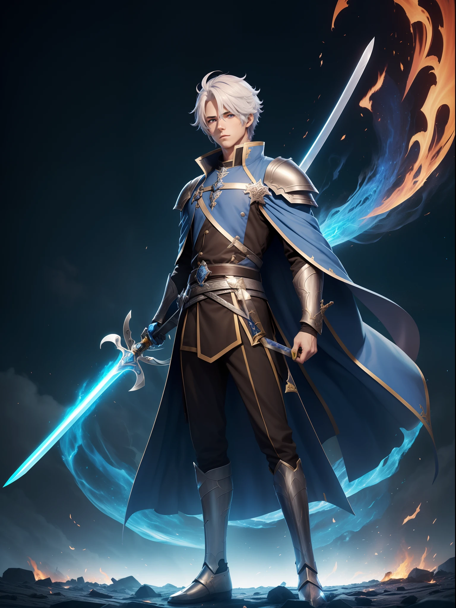 (Characters in the Honkai 3 game): Kevin Kaslana(Young European men，But with a firm heart【50,000 years of experience】）（Height 178 cm）（blue color eyes，White color hair）（Holding a large sword called Skyfire，The length of the sword is 147 cm, Standing in a blue coat）（The right hand is wrapped in armor)，（Very handsome，Known as the Little Prince)(There is 1／5 The great sword is stuck in the ground，The sword is on fire）standing in fire，Burning ashes float in the air。