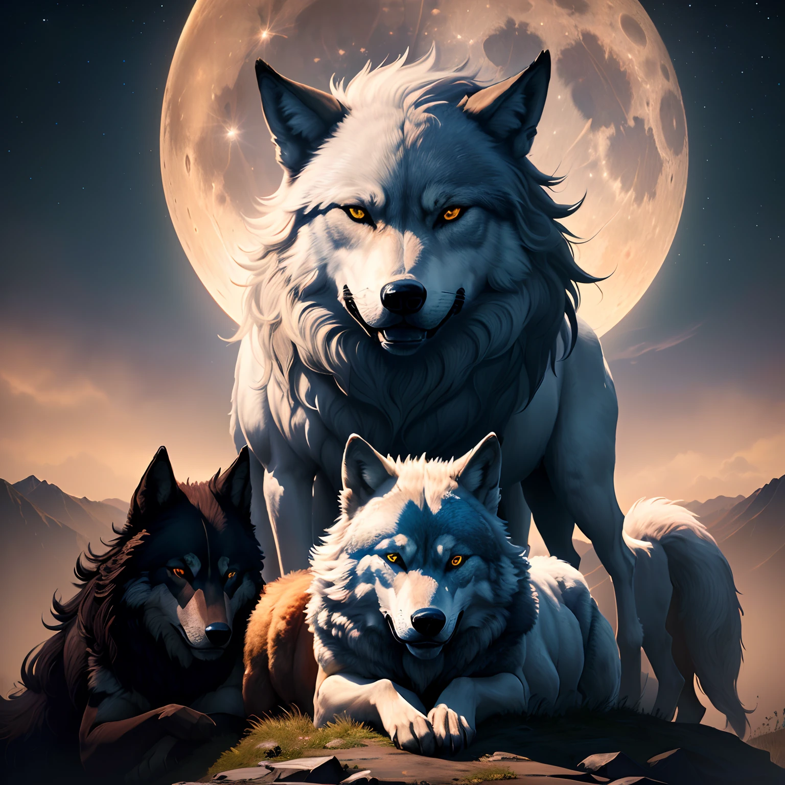 Full moon night with 3 wolves on top of mountain and the head of a giant wolf on top , obra-prima, melhor qualidade, ultra qualidade, detalhes absurdos, melhor luz, melhor sombra, clear, sharped image, detalhado, extremamente detalhado, great resolution, 8k, 4k, uhd, ray tracing, (efeitos bonitos), (lobo detalhado), armadura bem detalhada tattoo