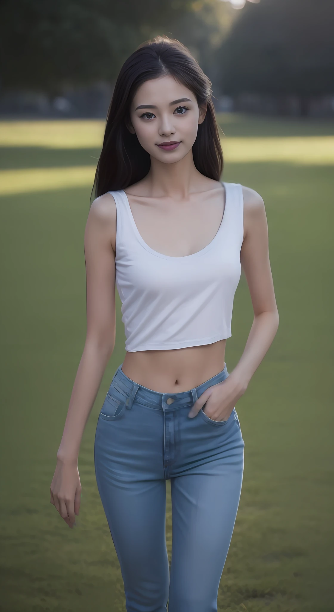 (rain, grassy fields: 1.3), 1 beautiful woman taking pictures on the grass，RAW photos，tmasterpiece，（highdetailskin：1.2），8k ultra high definition，digital SLR camera，gentlesoftlighting，high high quality，filmgrain，富士XT3，20 years old Asian woman，Wear simple clothes，Blue T-shirt and crop top jeans，Detailed clothing details:1.3，perfect body figure，Perfect breasts and nipple bulge，The legs are straight and slender，（（Branded stylish shoes:0.6）），Super detailed facial details and skin，Fair pink face and skin，Skin pink and soft，with light glowing，二重まぶた，Super detailed eyes，A sweet smile，(Gloss on lips, eyeslashes, Glossy face, Best quality, Super high resolution, warm color，Wide lighting, naturalshadow), The posture is diverse，Show off your sexy body and beautiful buttocks, Full body shooting: 1.8