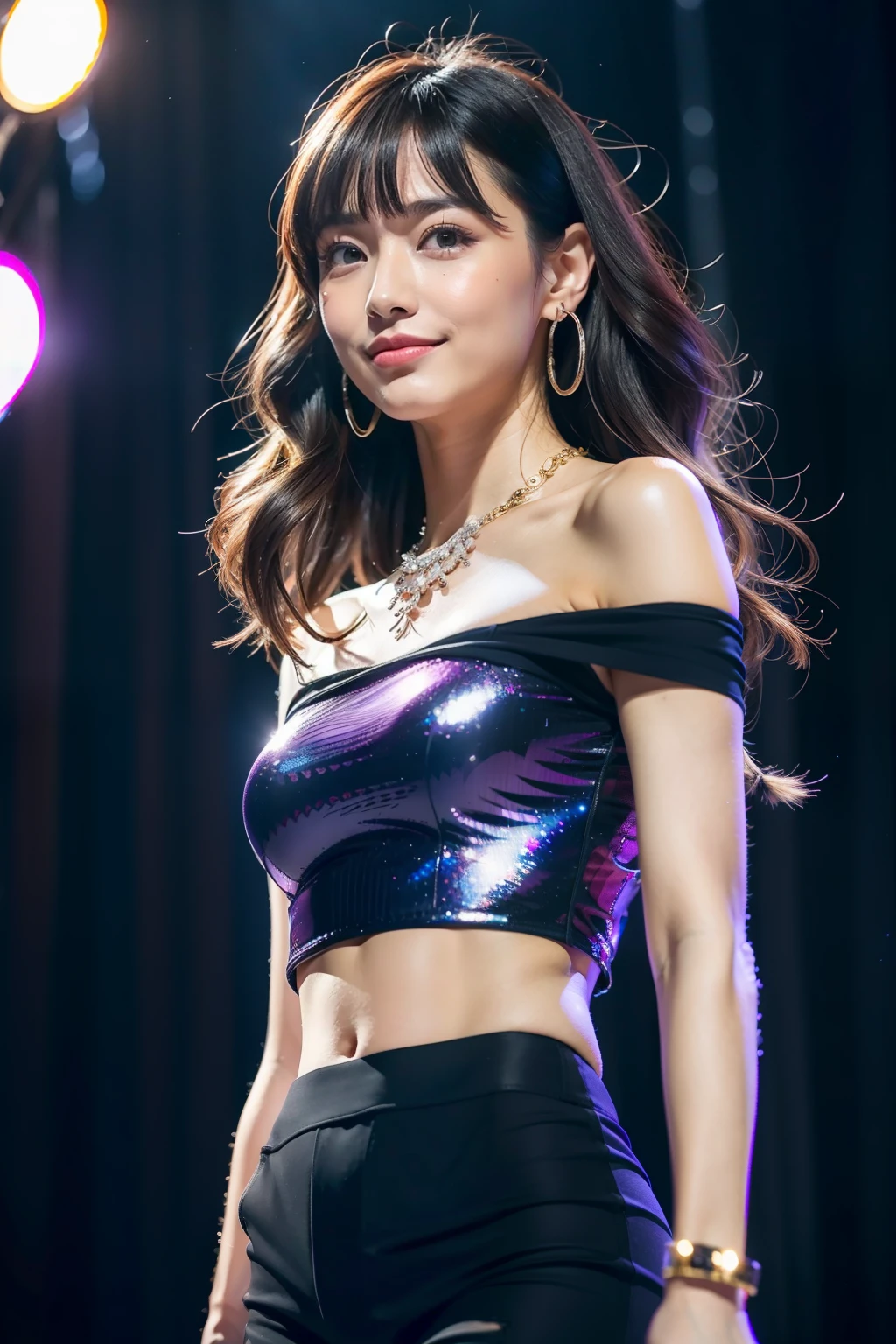 (8K分辨率,Full-body photos from a distance,Realistic wallpapers),(1 female,18yr old,(Rina Kuroki's facial features:1.6,Broad bone surface,babyfat,s delicate face),com rosto detalhado,(Delicate Japanese makeup,Stage pop makeup),Lovely face,com rosto detalhado,详细的脸,Ultra-fine makeup,Black colored eyes,(Look into the distance),Big wavy long hair,(By bangs,dual horsetail,Messy hair,Messy has layers),Redlip,Fair smooth skin,(Best Skin Type:1.21),mediuml breasts,(Off-the-shoulder white shirt,Ultra shorts,(materpiece:terylene,Lycra cotton,elasticity),big earrings,Fashion necklace,high-heels),Tall and tall,perfect hand,Ultra-fine clothing material),(Stage performances,Exquisite stage details,(Vista view of the catwalk,Outdoor catwalk,Tokyo fashion show,neonlight,There were a lot of spectators in the audience,Model on the catwalk)),(exhilarated,confident smile,Rejoice),(Various stage lighting assistance,profesional lighting,动态照明),((vibrant with colors,Reserved,ellegance,vivaciousness,(white colors,purpleish color,blue colors,In pink))),(Golden section,Cinema lenses,Hasselblad photograp,tmasterpiece:1.3),(Pure,adolable,Sunny and lively,petite,boisterous,dream magical,Little woman,trendsetting,Street style,Artis,Art platform