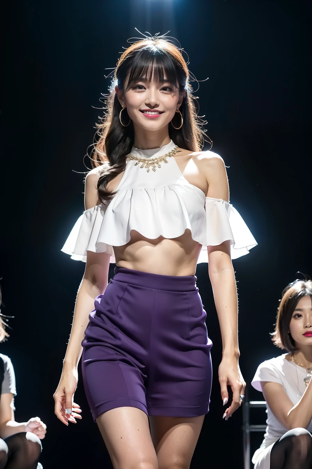 (8K分辨率,Full-body photos from a distance,Realistic wallpapers),(1 female,18yr old,(Rina Kuroki's facial features:1.6,Broad bone surface,babyfat,s delicate face),com rosto detalhado,(Delicate Japanese makeup,Stage pop makeup),Lovely face,com rosto detalhado,详细的脸,Ultra-fine makeup,Black colored eyes,(Look into the distance),Big wavy long hair,(By bangs,dual horsetail,Messy hair,Messy has layers),Redlip,Fair smooth skin,(Best Skin Type:1.21),mediuml breasts,(Off-the-shoulder white shirt,Ultra shorts,(materpiece:terylene,Lycra cotton,elasticity),big earrings,Fashion necklace,high-heels),Tall and tall,perfect hand,Ultra-fine clothing material),(Stage performances,Exquisite stage details,(Vista view of the catwalk,Outdoor catwalk,Tokyo fashion show,neonlight,There were a lot of spectators in the audience,Model on the catwalk)),(exhilarated,confident smile,Rejoice),(Various stage lighting assistance,profesional lighting,动态照明),((vibrant with colors,Reserved,ellegance,vivaciousness,(white colors,purpleish color,blue colors,In pink))),(Golden section,Cinema lenses,Hasselblad photograp,tmasterpiece:1.3),(Pure,adolable,Sunny and lively,petite,boisterous,dream magical,Little woman,trendsetting,Street style,Artis,Art platform