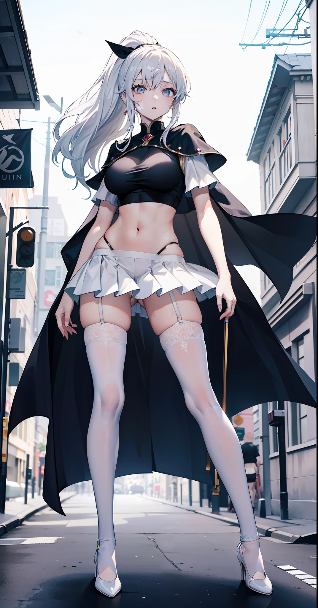 HighestQuali,tmasterpiece,Need,A high resolution,1个Giant Breast Girl,(Naked standing),Black cape,Crop top short sleeves,Short sleeves with open shoulders,Open skirt,white panties,the street,(Teenage girl leaking urine),white color hair,High ponytail,realistic detail,Detailed panties,(Panties outline the camel's toes),groin,white stockings,Ray traching
