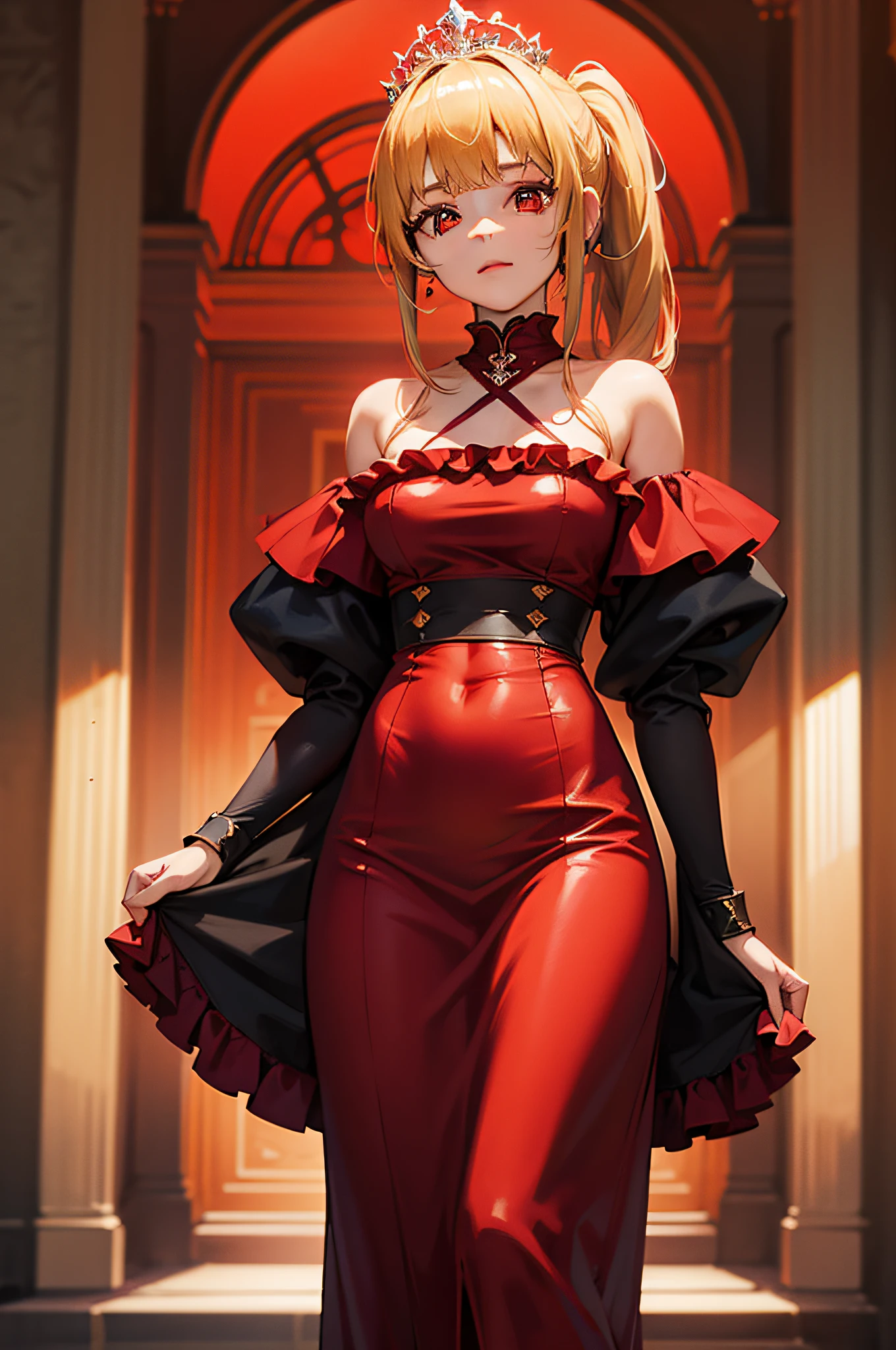 (masterpiece, best quality:1.2), (looking at viewer), princess, tiara, red theme, long dress, blonde hair, red eyes, palace, frills, cowboy shot, ponytail,