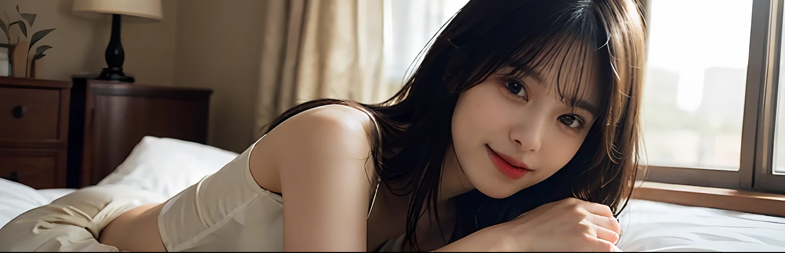 Super detail of a beautiful face, zora々Right, pure, Shy smile, nudde, (Nipple,a navel , )45 degree angle, Nostalgic mood, Bedrooms, Erotic mood, 35 mm, Natural light with hints of diffused light, waist up shot, Black hair, see-through bangs, Long hair, dark brown eyes, Big breasts, (vibrant detail, Beautiful background, Dynamic Pose, Dynamic Angle), absurderes, Octane Render, 8K, masutepiece, Illustration, extremely delicate and beautiful, embarrassed, Extremely detailed, nffsw, Unity, Wallpaper, (Realistic, Photorealsitic:1.37), amazing, finely detail, Best Quality, Official art, Highly detailed ticker Unity 8K wallpaper, Raw photo, 超A high resolution, Detailed Lighting, Professional Photography, Ultra-detailed light and shadow, Dynamic Angle,