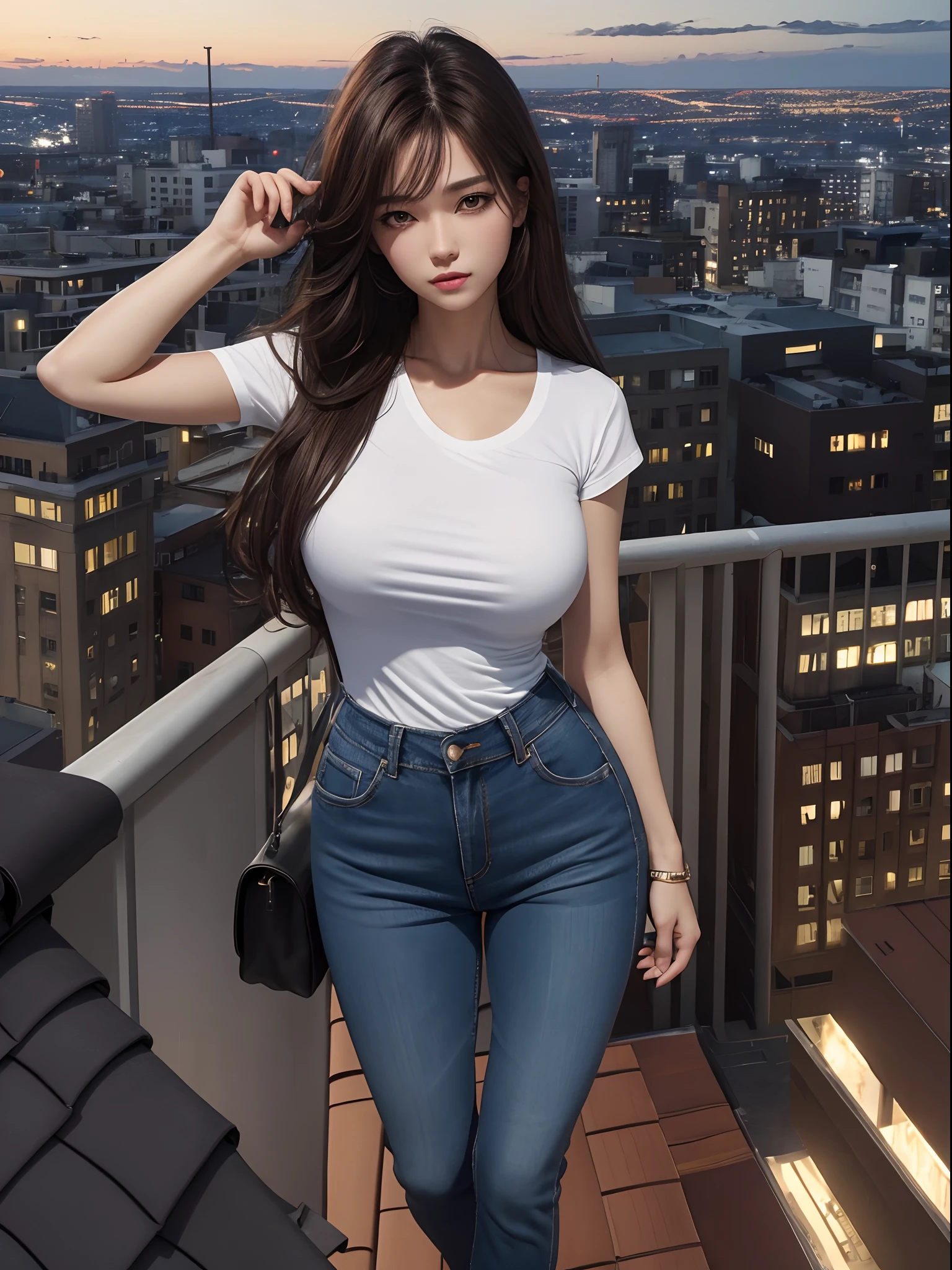 ((Midnight, Best quality, 8k, Masterpiece :1.3)), Whole body, Long legs, Sharp focus :1.2, A pretty woman with perfect figure :1.4, Slender abs :1.1, ((Dark brown hair, Big breasts :1.2)), (White tight tshirt, Jean bib, Standing:1.2), ((Night city view, Rooftop:1.3)), Highly detailed face and skin texture, Detailed eyes, Double eyelid