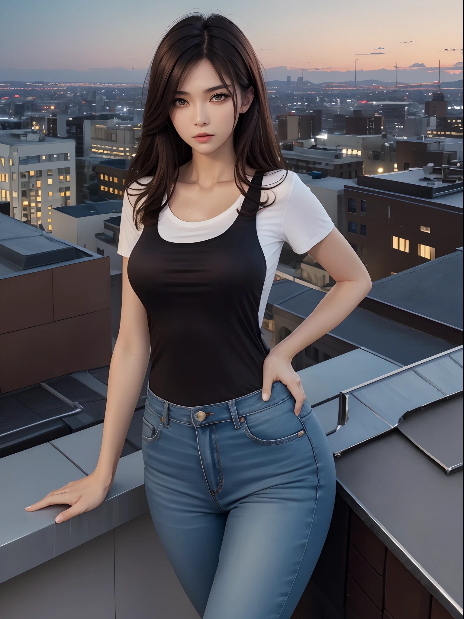((Midnight, Best quality, 8k, Masterpiece :1.3)), Whole body, Long legs, Sharp focus :1.2, A pretty woman with perfect figure :1.4, Slender abs :1.1, ((Dark brown hair, Big breasts :1.2)), (White tight tshirt, Jean bib, Standing:1.2), ((Night city view, Rooftop:1.3)), Highly detailed face and skin texture, Detailed eyes, Double eyelid