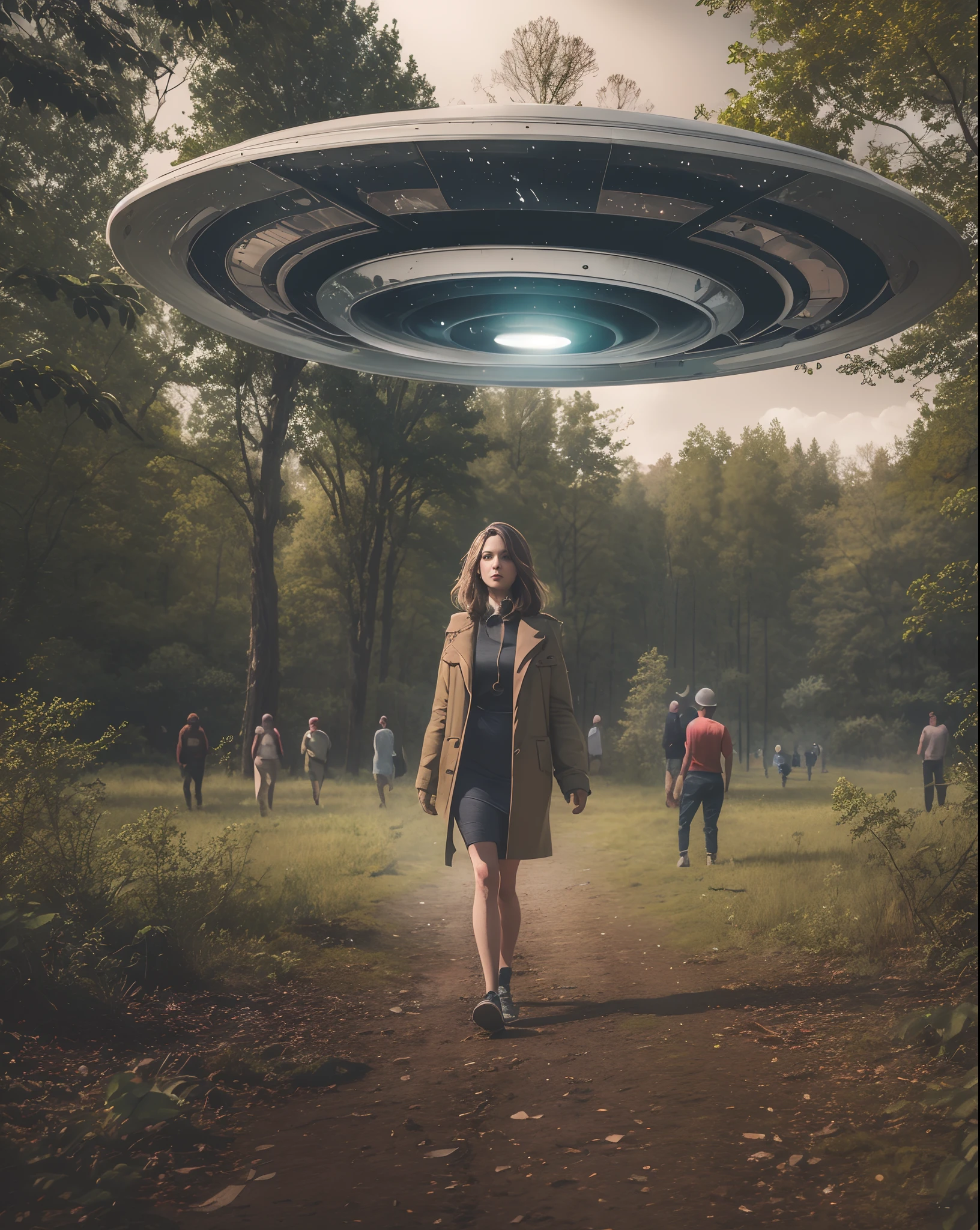 there is a woman walking in the woods with a flying saucer, populated with aliens and people, ufo in a forest, aliens in the background, alien forest in background, alien abduction, ufo abduction, in a park on a alien planet, in a park on an alien planet, ufo aliens, alien creatures scattered around, ufo attack, runs away from men on the forest