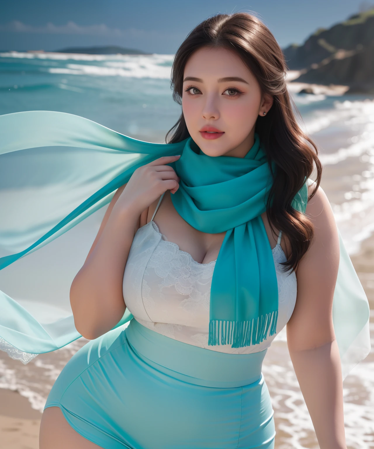 best qualtiy,tmasterpiece,A high resolution,1girll,Porcelain skirt,hair adornments,choker necklace,jewely,beautiful face,Physically,Dingdall effect,realisticlying,Dark Studio,edge lit,twotonelighting,(highdetailskin:1.2),8K UHD, Digital SLR, softlighting, high high quality, volumettic light, sneak shot, photore, A high resolution, 4K, 8K, Background bokeh,incantation(Prompt): Beautiful woman in tulle by the sea,The scarf flutters,Blue lace scarf,Yang,The background is the sea, thicc, beautiful thick female, beautiful curvy female, Thick body, clear curvy details, curvy hourglass figure, thick thigs, alluring plus sized model, bbwchan, Voluptious body, Curvy model, Curvy body, Angela White, she has a jiggly fat round belly,yoga pose