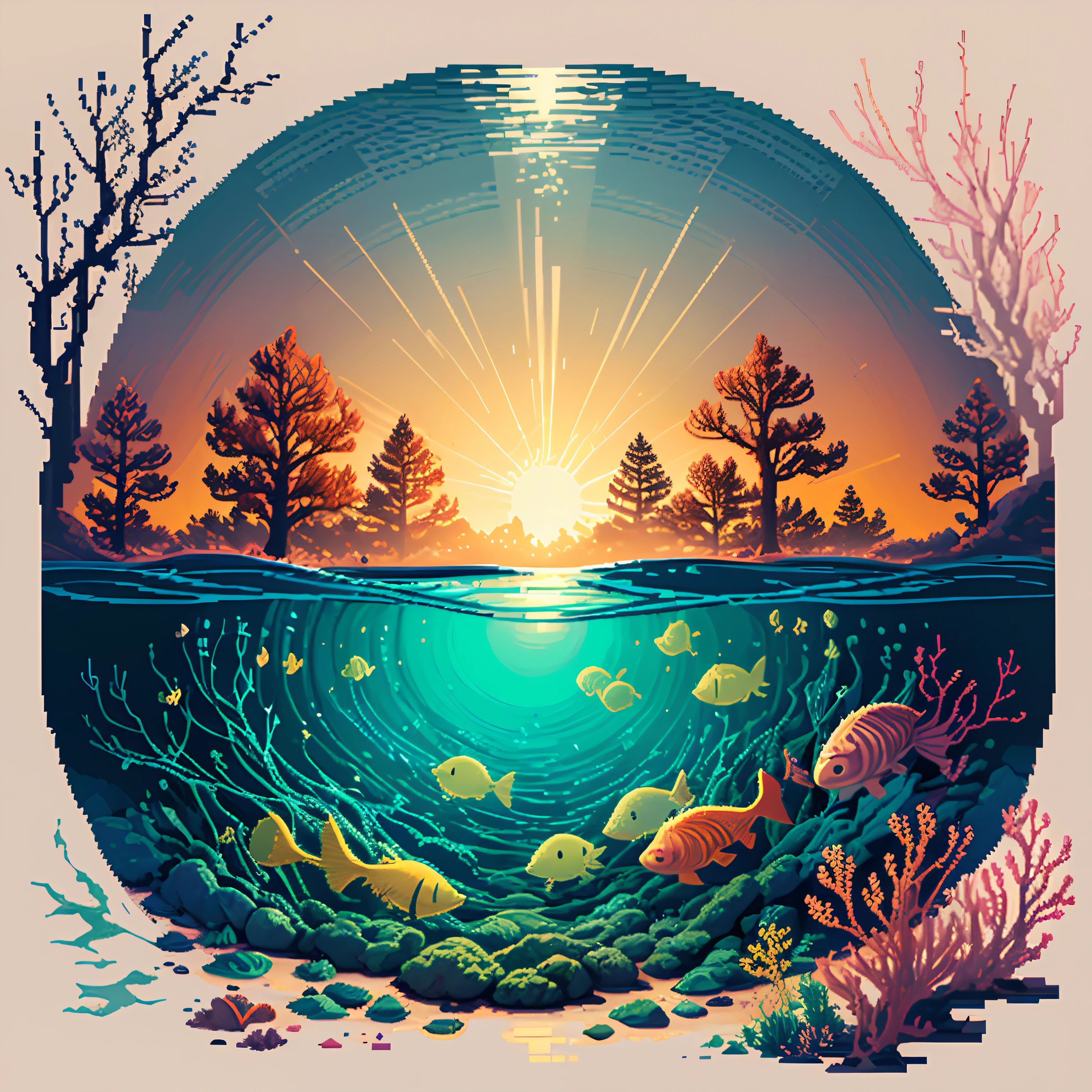 (extremamente detalhado, pixel-perfeito), pixelartwork, best quality, Melhor estilo de pixel art, multicamadas, Vibrando, Alto contraste, Dynamic angle, detalhes intrincados, (Imagine um oceano repleto de criaturas marinhas de cores vivas, rodeadas por recifes de coral brilhante. Rays of light filter through the water, Creating mesmerizing patterns on the ocean floor. Um polvo multicolorido pode ser visto deslizando entre os corais. (pixel art em primeiro plano:plantas de pixel art+objetos de pixel art), (plano de fundo da pixel art:paisagem urbana ou cena urbana), (Filtro de pixel art:retro/8 bits/16-bit aesthetic)