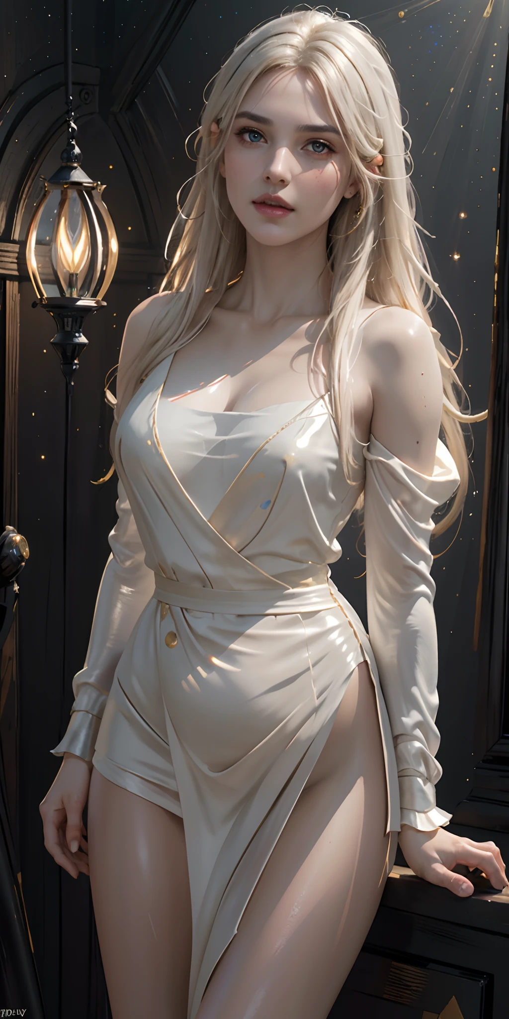 (8k, RAW photo, best quality, masterpiece:1.2), modelshoot style, (dark shot:1.5), Stunningly attractive woman with blonde soft hair, (victorian style:1.2), victorian dress high detailed and intricate, long curly hair, dramatic pose, (soft warm skin with wax effect:1.3), pastel, (glossy lips and the tip of the nose with bright small glare:1.4), (bright highlights:1.6), detailed eyes, (soft volumetric light:1.5), (subsurface scattering:1.5), wax, (night light:1.6), global illumination, Soft Shadows, (dark background with cool lighting:1.0), bokeh, Charlie Bowater, stanley artgerm lau, a detailed painting, fantasy art, artstation, trending on Artstation, art like midjourney and Rutkowski, hyperdetailed, insane details, intricate details, (oil painting:1.5), (digital art:1.5), glare on the corneas of the eyes, round pupils, refraction, screen space reflections, screen space ambient occlusion, (hdr:1.4), full body shot, (gold jewelry with amber gems:1.1)