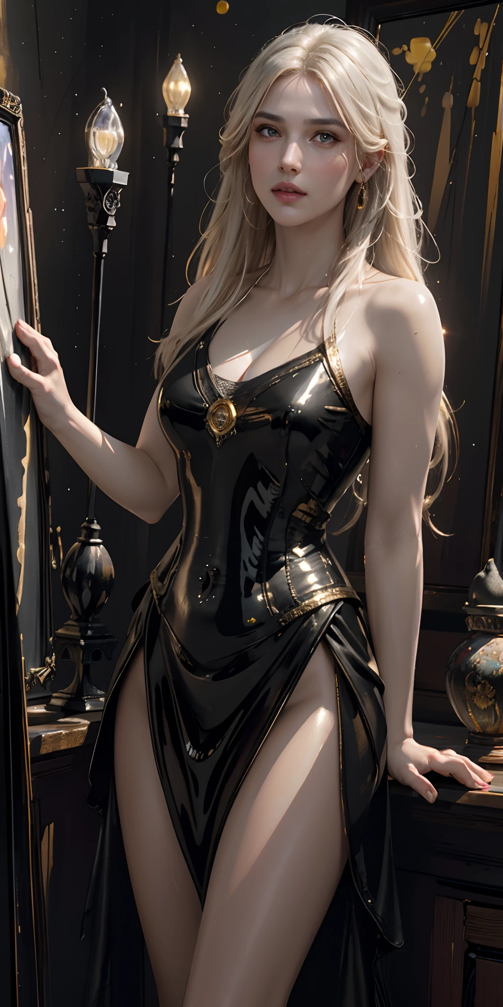 (8k, RAW photo, best quality, masterpiece:1.2), modelshoot style, (dark shot:1.5), Stunningly attractive woman with blonde soft hair, (victorian style:1.2), victorian dress high detailed and intricate, long curly hair, dramatic pose, (soft warm skin with wax effect:1.3), pastel, (glossy lips and the tip of the nose with bright small glare:1.4), (bright highlights:1.6), detailed eyes, (soft volumetric light:1.5), (subsurface scattering:1.5), wax, (night light:1.6), global illumination, Soft Shadows, (dark background with cool lighting:1.0), bokeh, Charlie Bowater, stanley artgerm lau, a detailed painting, fantasy art, artstation, trending on Artstation, art like midjourney and Rutkowski, hyperdetailed, insane details, intricate details, (oil painting:1.5), (digital art:1.5), glare on the corneas of the eyes, round pupils, refraction, screen space reflections, screen space ambient occlusion, (hdr:1.4), full body shot, (gold jewelry with amber gems:1.1)