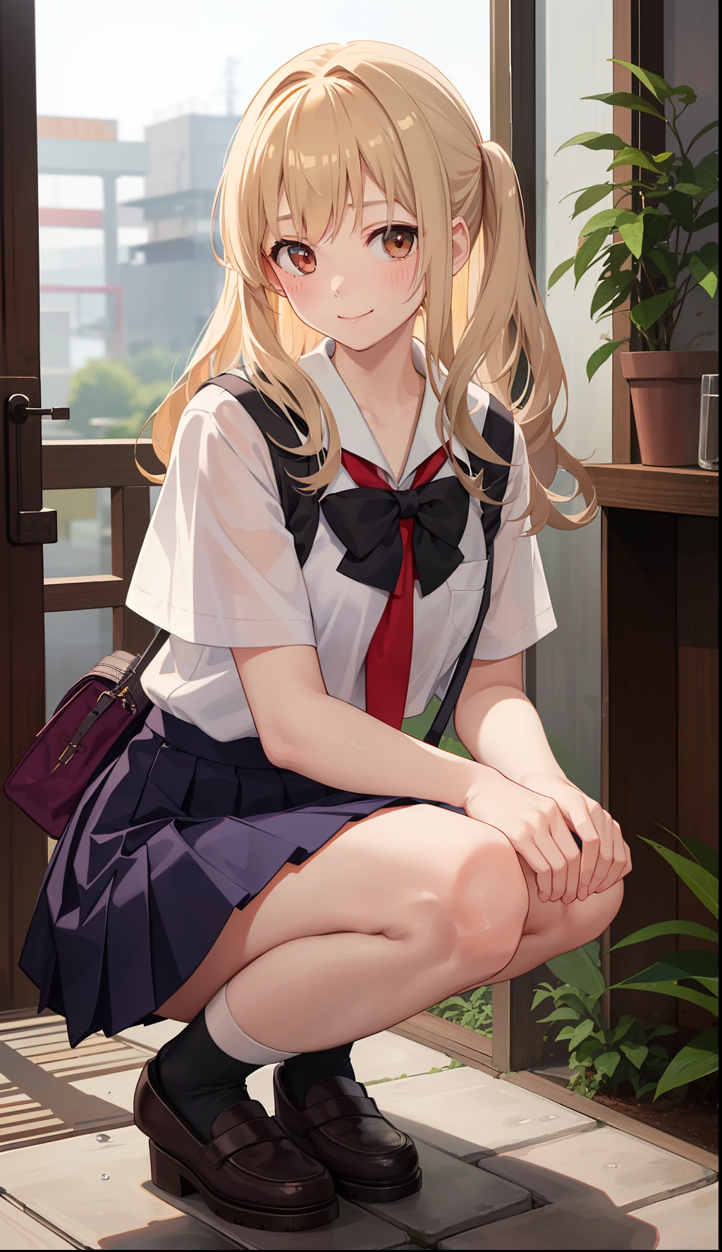 1girl in、A smile、The shirt、skirt by the、(small tits)Chilarism、Japan High School Student Uniform、serafuku、summer clothing、Squall Drenched Uniform、(Sheer Bra)、Upper body portrait、blonde hair、Squatting panchira、