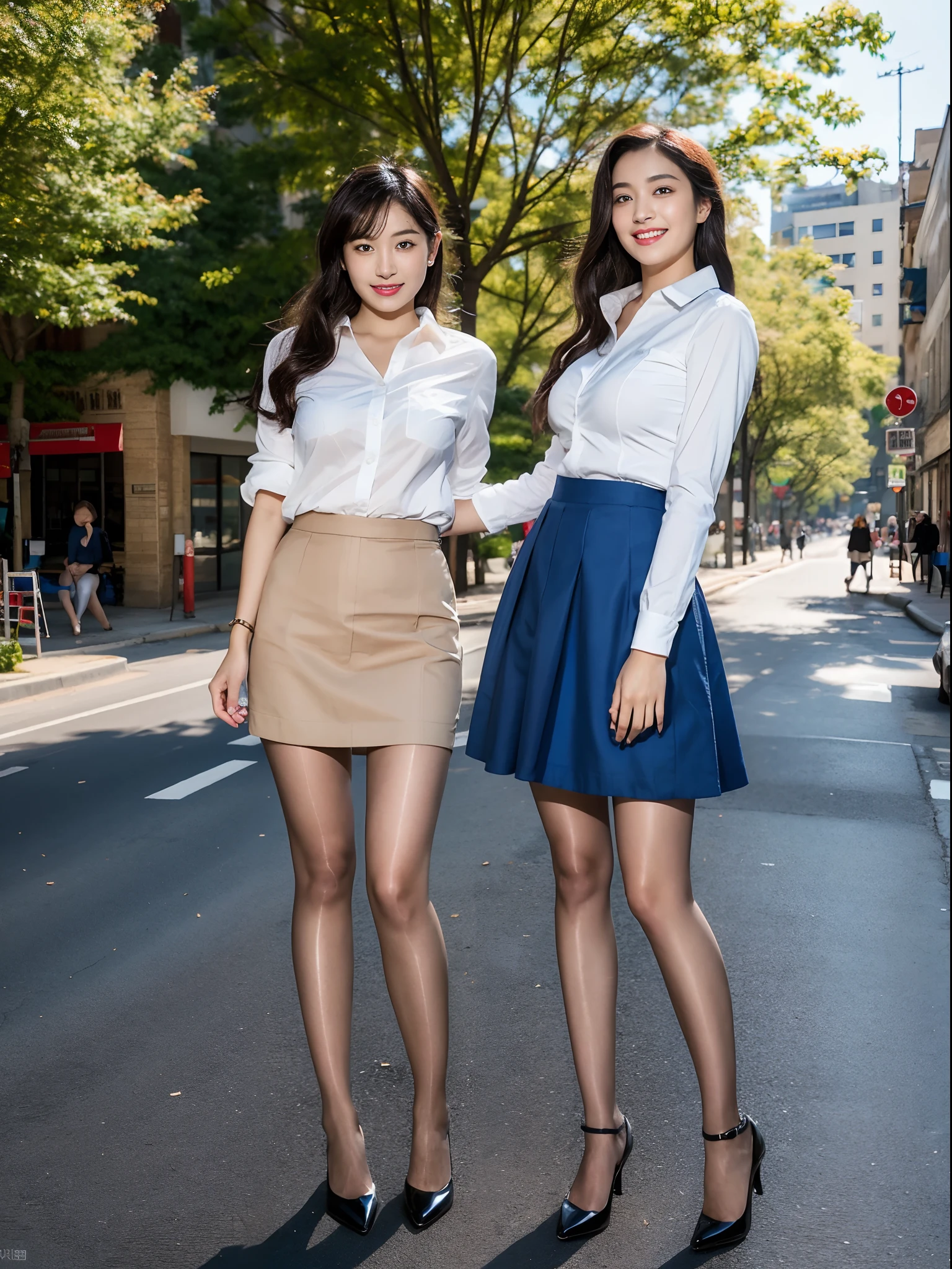 ,(RAW photo:1.2), (Photorealistic:1.4),Beautiful Meticulous Girl, very detailed eyes and faces, Beautiful detailed eyes, ultra - detailed, A high resolution, The is very detailed，best qualtiy，1个Giant Breast Girl，tmasterpiece，Beautiful outfit，a skirt，illustratio，The is very detailed，unified，8k 壁纸，finely detailled，tmasterpiece，best qualtiy，Unity8k wallpapers，1个Giant Breast Girl， old，(Camel toes)，(full bodyesbian)，are standing，Neckline top，鎖骨，Stylish clothes，short  skirt，blacksilk，Long legs，high-heels，the street，Urban skirts，lacepantyhose，exteriors，1个Giant Breast Girl，The shirt，Bao，the street，white  shirt，Building，Wagas，looking at viewert，blue skirts，Black shoes，Focus individually，校服，black color hair，long whitr hair，motorvehicle，ssmile，high-heels，The tree，Ground truck，Kizi，full bodyesbian，with brown eye，collared shir