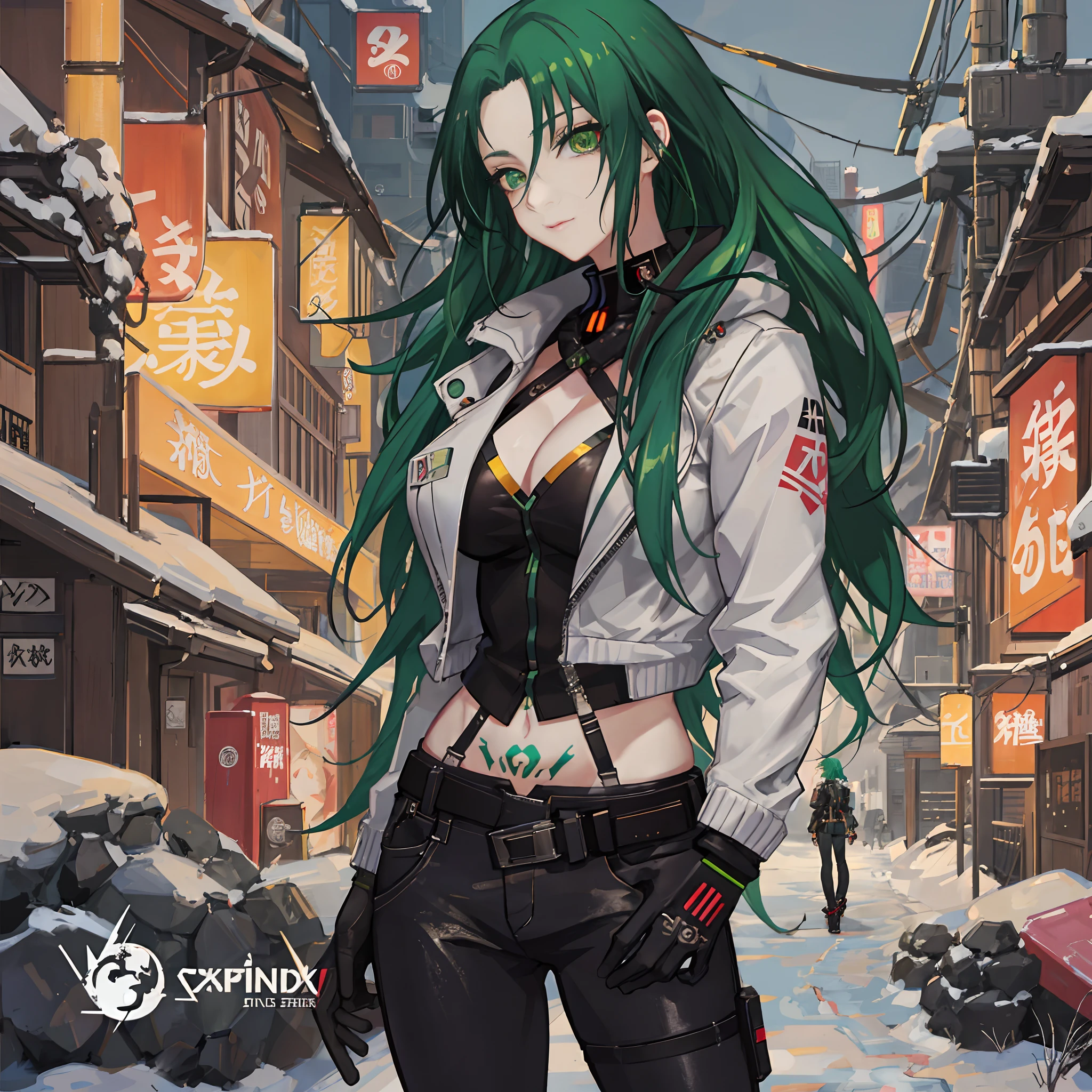 Anime girl with green hair and black leather pants in snow, de anime cyberpunk feminino, garota de anime desonestos, Menina com cabelo martelo, deviantart artstation cgscosiety, Streets of the forest eoropeia of the forest behind it, garota anime cyberpunk, Digital Cyberpunk - Arte de Anime, Artgerm extremamente detalhado, arte digital do anime cyberpunk, Jet Black Haired Cyberpunk Menina, trenn artstation pixiv, olhos detalhados anime, rosto detalhado anime, large tattoo of plants on the neck, Tatuagem grande de verde na abdomen, sem carros no fundo,