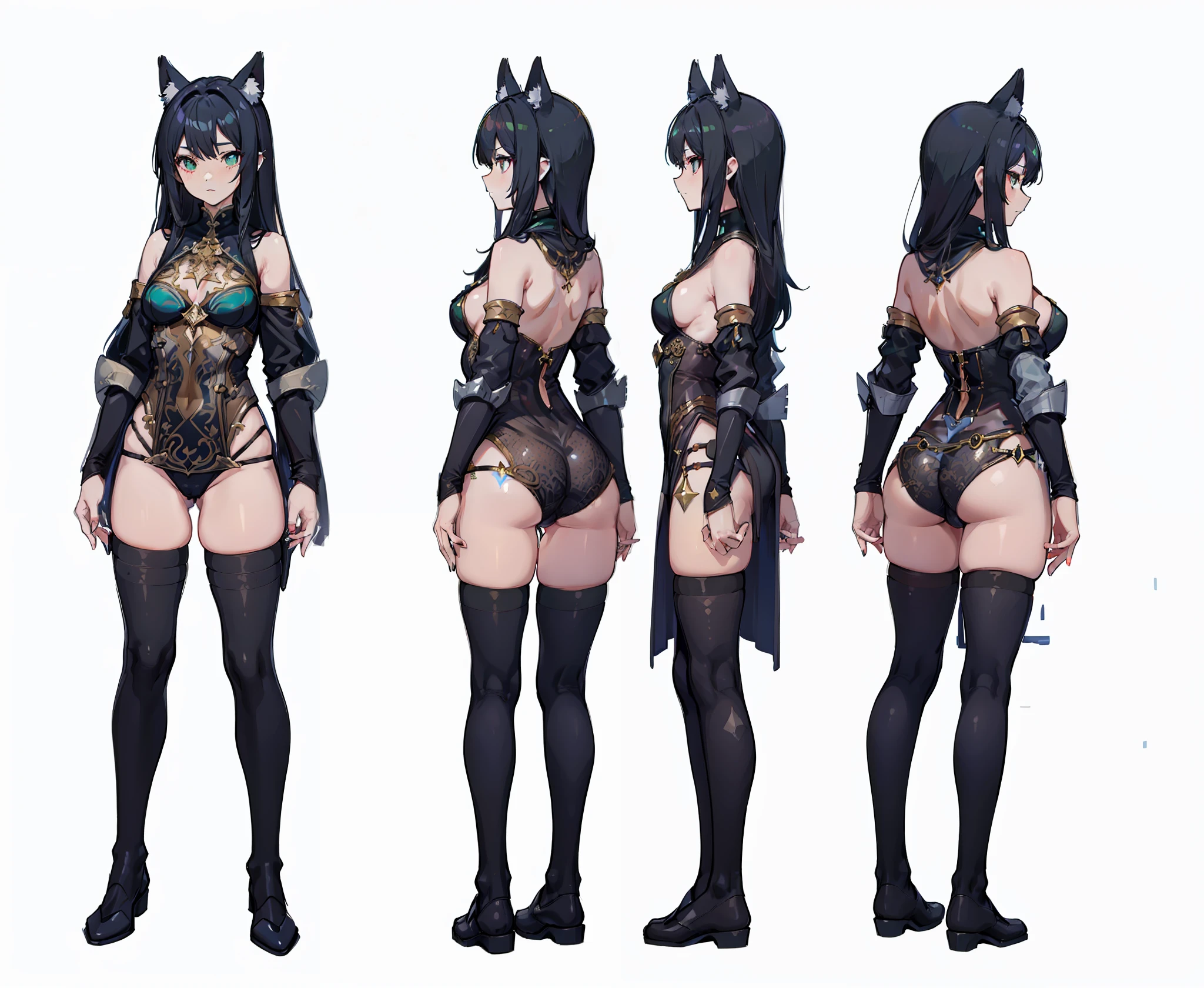 1girl, reference sheet, matching outfit, (fantasy character design, front angles, side angles, rear angles) Alistair, Demi-Human character design. Lithe and agile frame, feminine appearance, blush. daring monokini, celestial symbols, night sky print, star and moon-shaped sequins. Striking emerald eyes with a mischievous glint, crotch camel-toe cameltoe, hint of magical prowess. Long jet-black hair, intricate arcane symbols on attire. Wolf-like ears and tail, distinctive Demi-Human features. (masterpiece:1.2), (best quality:1.3).