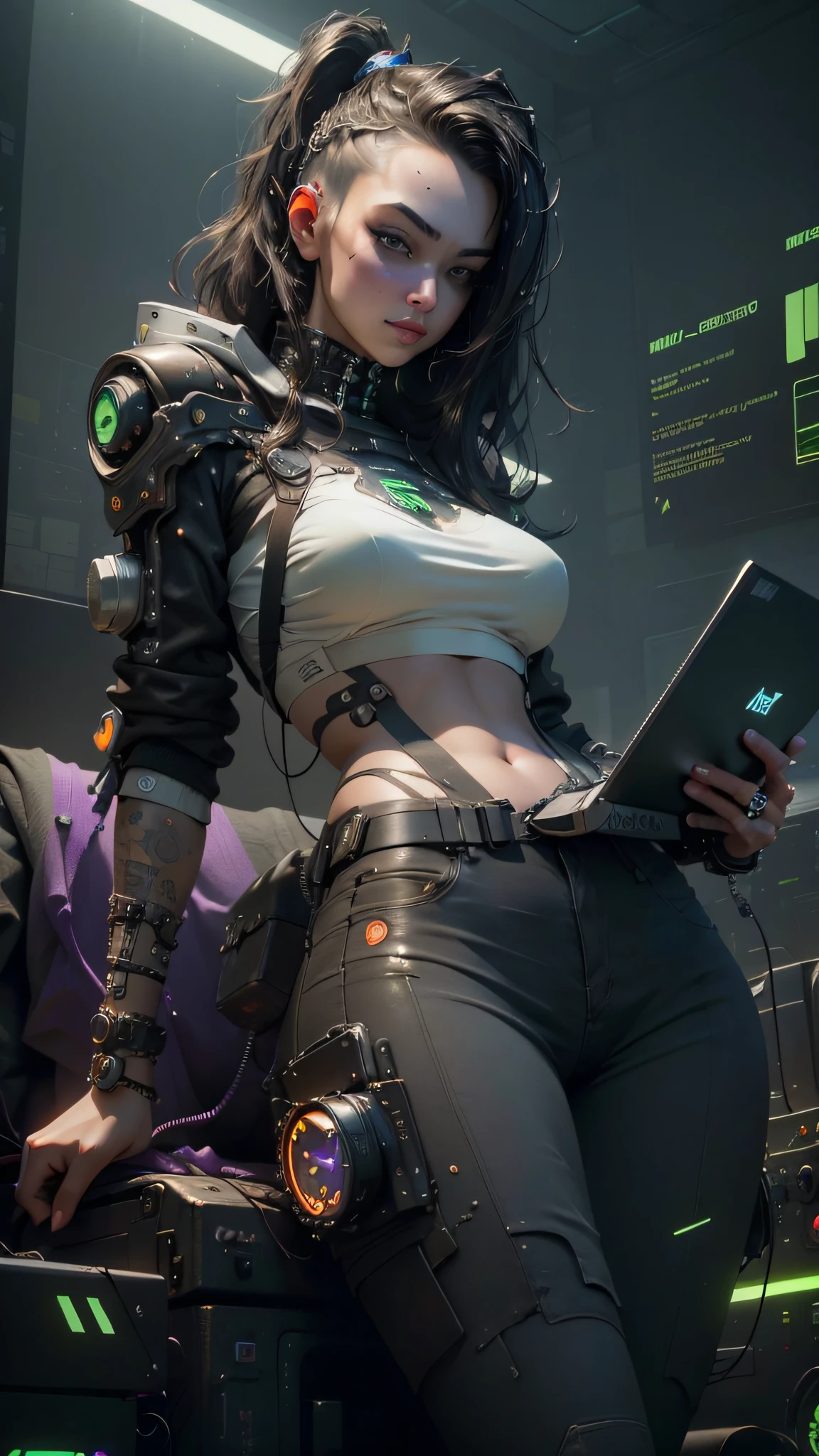 ((Best quality)), ((masterpiece)), (highly detailed:1.3), 3D, beautiful (cyberpunk:1.3) female hacker with thick voluminous hair operating a computer terminal, computer servers, LCD screens, fibre optic cables, corporate logos,HDR (High Dynamic Range),Ray Tracing,NVIDIA RTX,Super-Resolution,Unreal 5,Subsurface scattering,PBR Texturing,Post-processing,Anisotropic Filtering,Depth-of-field,Maximum clarity and sharpness,Multi-layered textures,Albedo and Specular maps,Surface shading,Accurate simulation of light-material interaction,Perfect proportions,Octane Render,Two-tone lighting,Low ISO,White balance,Rule of thirds,Wide aperature,8K RAW,Efficient Sub-Pixel,sub-pixel convolution,luminescent particles,