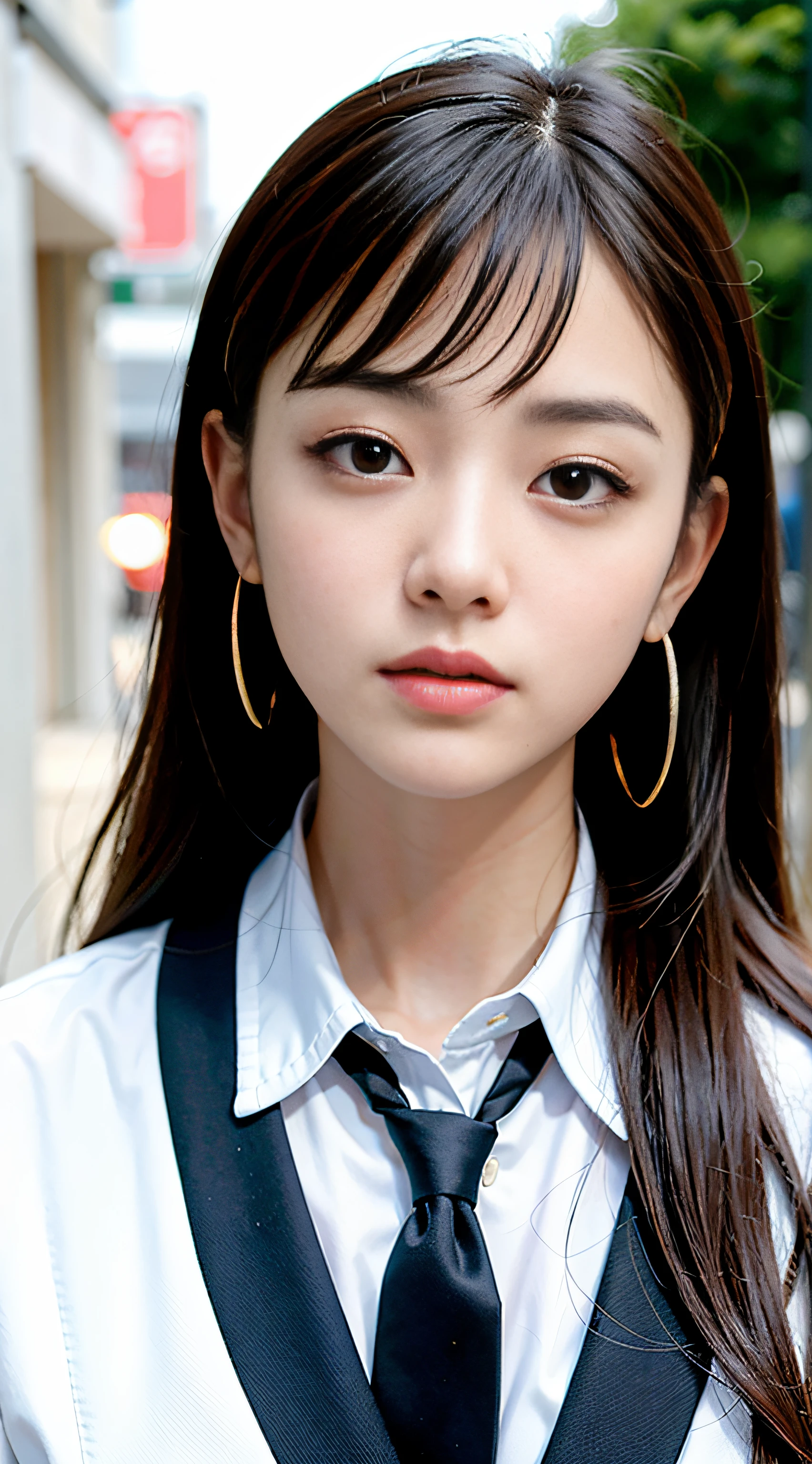 ulzzang -6500-v1.1, (Raw foto:1.2), (Photorealsitic:1.4), a beautiful detailed girl, extremely detailed eye and face, beatiful detailed eyes, Ridiculous, Frontal Face,head shot, Front view, unbelievable Ridiculous, huge filesize, ultra-detailliert, hight resolution, ighly detailed, top-quality, masterpiece, Kemomimi, ((Japanese girls' high school uniform)), illustratio, ighly detailed, nffsw, unification, 8k wallpaper, magnifica, finely detail, masterpiece, top-quality, Highly detailed ticker uniform 8k wallpaper, Light on the Face、电影灯光、16yo girl,In the city