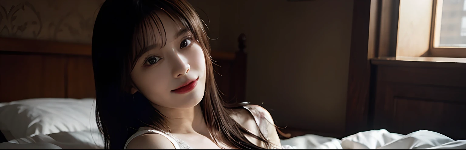Super detail of a beautiful face, pure, Shy smile, nudde, (Nipple,a navel , )45 degree angle, Nostalgic mood, Bedrooms, Erotic mood, 35 mm, Natural light with hints of diffused light, waist up shot, Black hair, see-through bangs, Long hair, dark brown eyes, Big breasts, (vibrant detail, Beautiful background, Dynamic Pose, Dynamic Angle), absurderes, Octane Render, 8K, masutepiece, Illustration, extremely delicate and beautiful, embarrassed, Extremely detailed, nffsw, Unity, Wallpaper, (Realistic, Photorealsitic:1.37), amazing, finely detail, Best Quality, Official art, Highly detailed ticker Unity 8K wallpaper, Raw photo, 超A high resolution, Detailed Lighting, Professional Photography, Ultra-detailed light and shadow, Dynamic Angle,