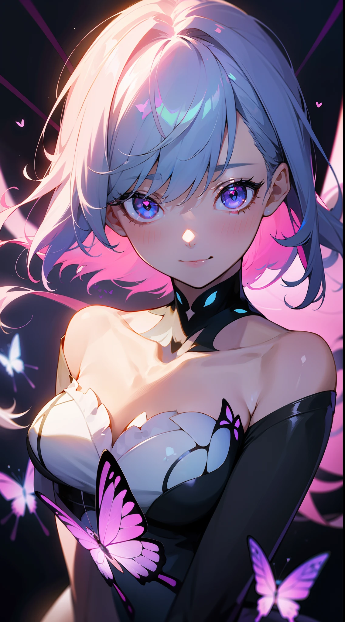 The upper part of the body_Body, from a_Above, zoom in on eyes, Bangs, hair between eye, Strapless, The collarbone is visible, Butterfly SurroundedFlowers fill the screen, Floating light spot, hearts in eyes, heart marks in the eyes, Seductive smile, embarrassed,Colorful in the eyes