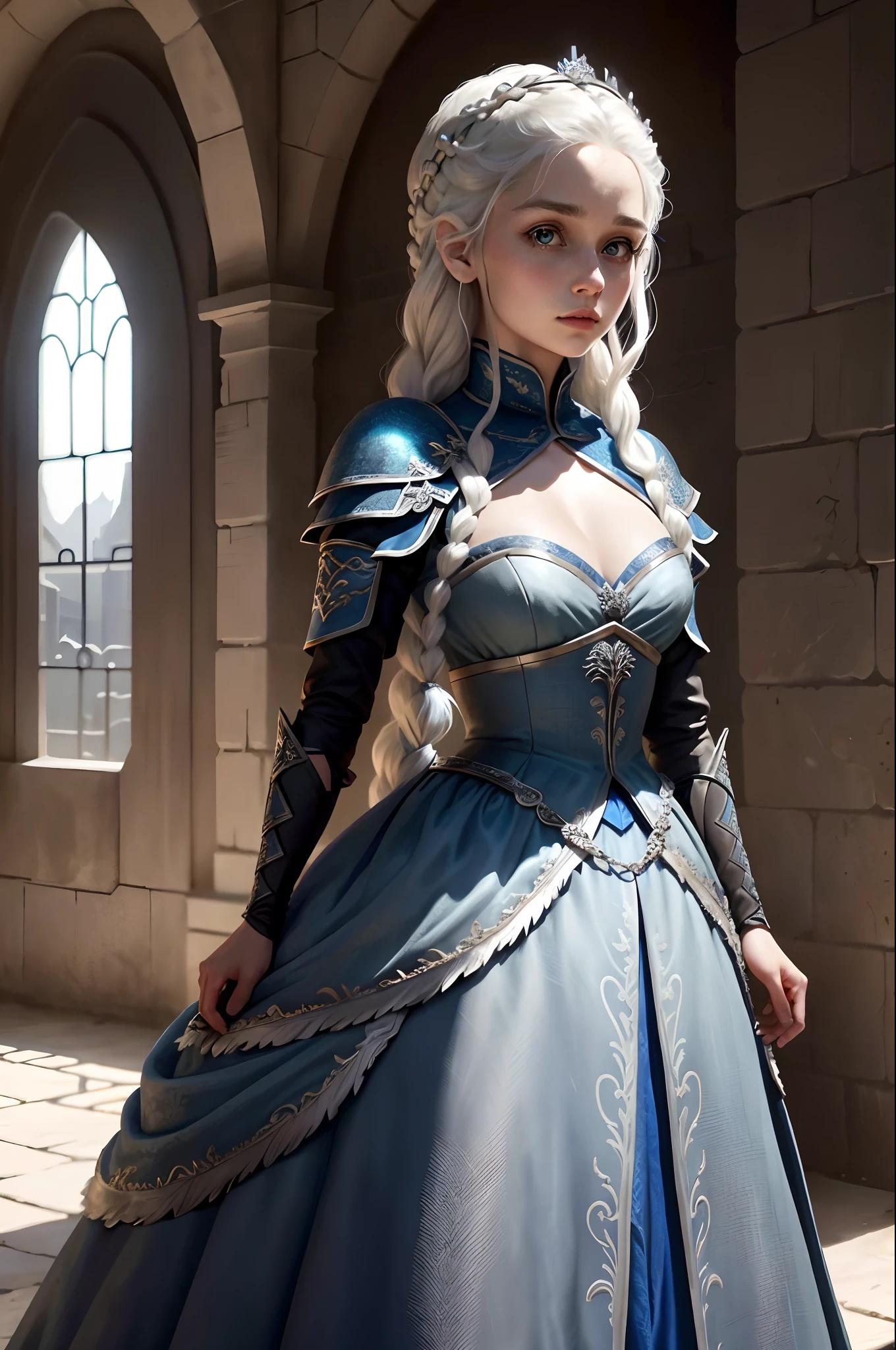 （tmasterpiece，best qualtiy：1.2），独奏，1girll，Game of Thrones heroine，Daenerys Targaryen，（cowboy lens：1.2），（Beautiful skins：1.2），grown woman，beauitful face，Elegant face，（beautidful eyes：1.4），eBlue eyes，Parted hair on the side，（single braid：1.5），Platinum hair，（a blue dress：1.5），long white cape，（during night：1.3），（deep colour），inside castle， blue wall，