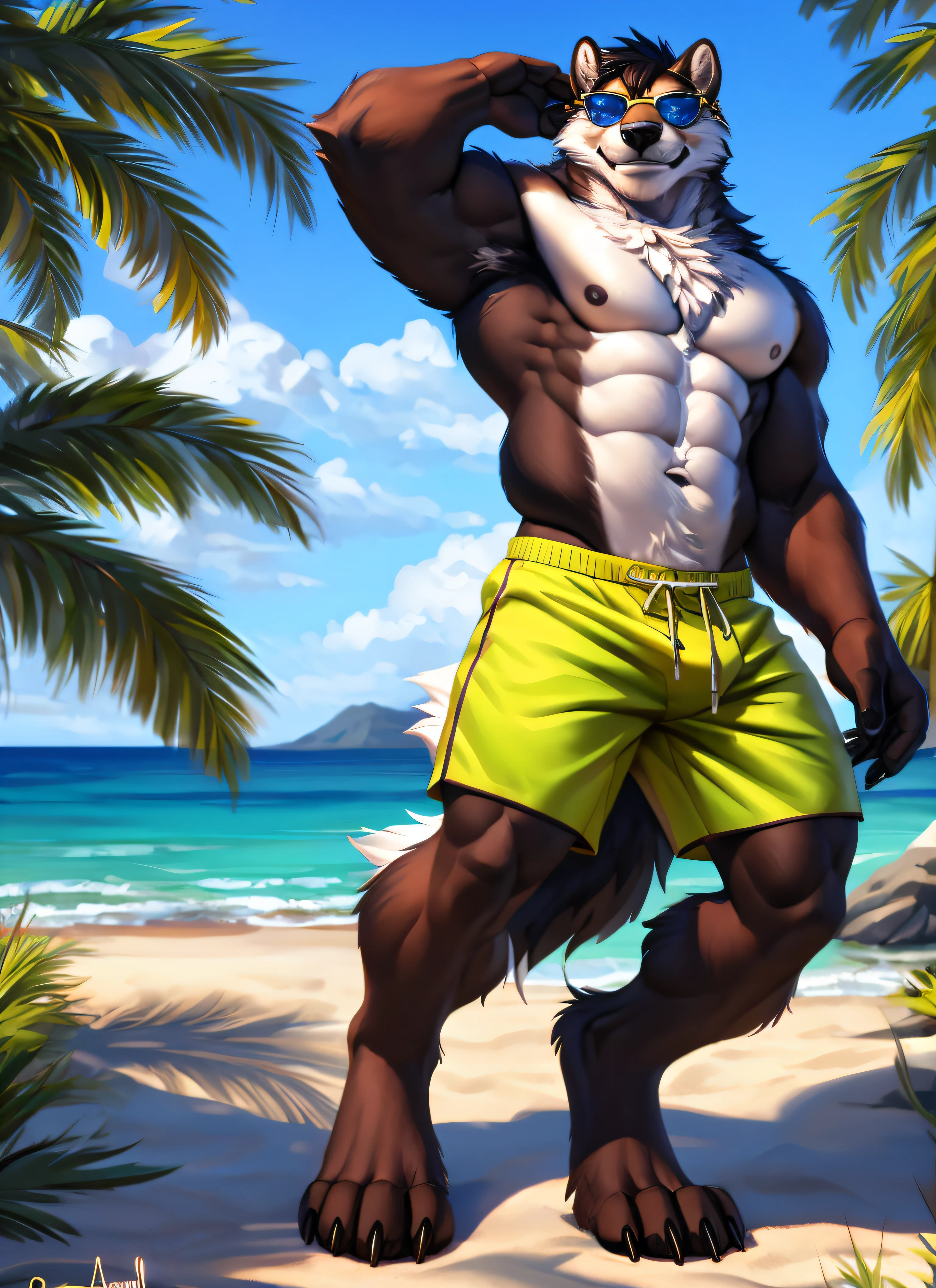 uploaded on e621, Author: personalami, Mikhail and Inessa Garmash, by ruan jia, by Pino Daeni, (独奏_focus), (male1) (A fluffy) anthro, ((full length)), at a beach, Solo Focus, One character, detaled face, A detailed eye, detailed fluffy fur, furry tail, Short Hair Hair, digital, seductive position, glamorous, drag queen, swimming trunks, digitalpainting, natural lightin, photo-realistic (beach swimming trunks) (smug face), smileing (bodacious), Sunglasses, steampunc, ((furry arms))
