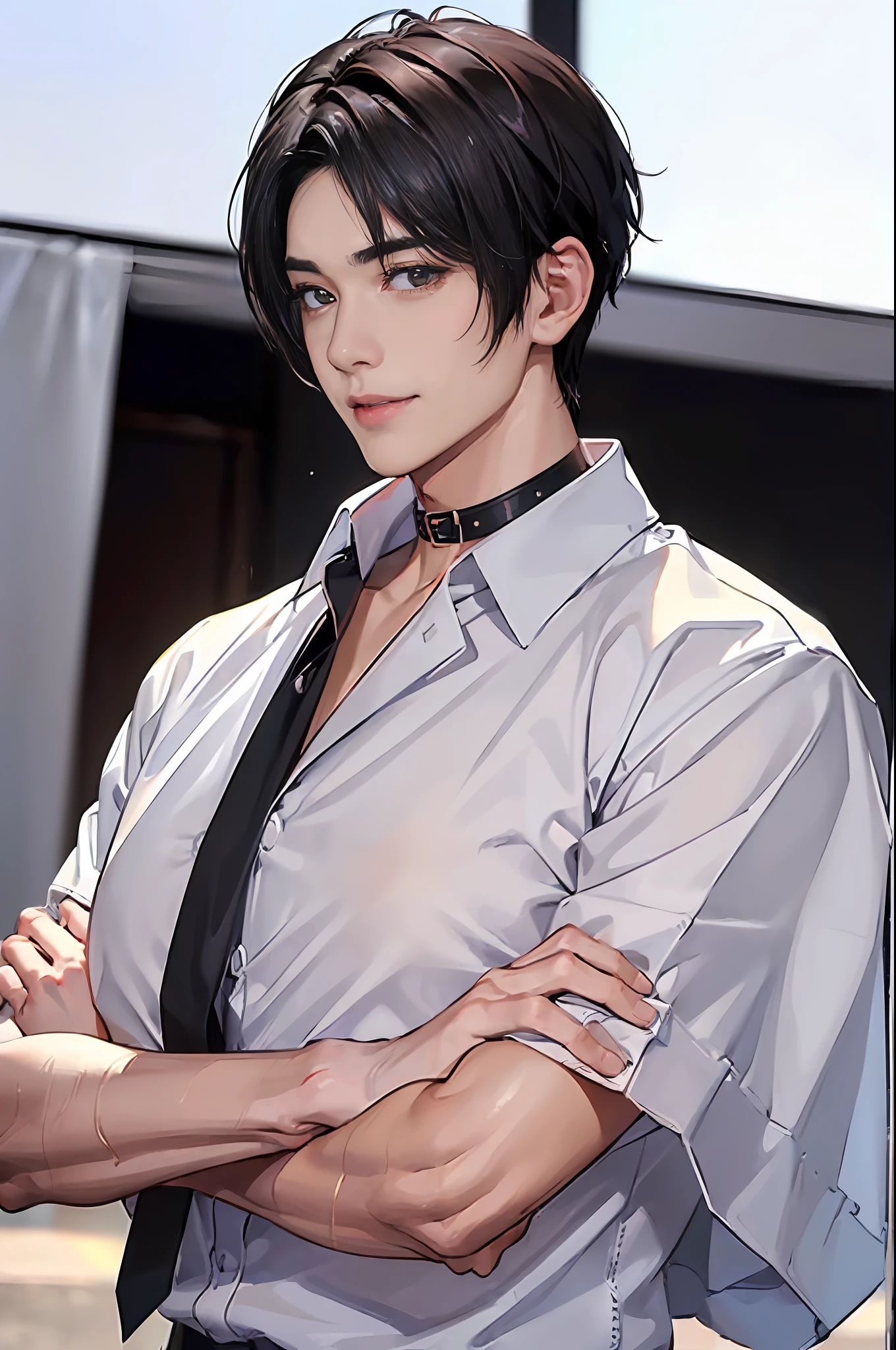 (1 person:1.9), human body shisuit, Hollow and shriveled, beautiful boy, undercut hair style, (Turn your head and look), (Look at the camera), (Head up), (high quality 16K anime), (tall body), Sweaty and sweaty, Powder blue vapor, Delicate skin, hermaphrodite, twink male body, (((Quiet smiled))), (Photorealism), masterpiece, best quality, portrait, Decent shirt, (Taiwanese super male
emo idol:1.5), (realistic beautiful Asian), close up and soft up to everything, (nice male body shape:1.1), spot light, (super pale skin:1.4), golden make up, sharp focus, detailed anatomy, ultra-wonderful face detail, (((((19 years old))))), white shirt, Hold a brush, with a ultra-cute face of a Japanese-Korean-Taiwanese young idol, (ultra-detailed eyes), (ultra-detailed skin), (super manly hair style), super wet juicy sexy soft lips, soft light, perfect yaoi face, photorealistic, (correct fingers), the light is very bright, hypermaximalist style: realistic, photorealism, photography, (A black cyber collar that tightens the neck:1.9), (Super strong male arms:1.9), (Extremely stout physique:1.9), (A strong male body is merging with him:1.9), (ultra huge breasts:1.7), single ponytail, (Beautiful face:1.9), (((wearing a wet white and yellow shirt))), (extremely detailed face:1.9), Placed in the center of the temple), Traceless, Perspectiveal, Sparkle, (30% male head, 70% female head), (fusioned with a plump erotic body), the light is very bright, perfect hands, fox spirit in the body, fox mind controls this body, fox soul in this body, A seductive smile, Slender eyebrows, huge arms,Fusion with Kitagawa Keiko,((Hazy)),(Men pretend to be women), ulzzang hair style, Feminine heavy makeup