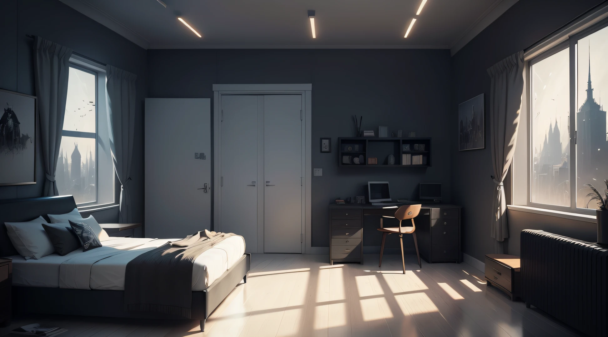 Modern urban interior scene,2D flat scene,Beds,window,2D animation style,Disney style,white backgrounid,, environment concept art, environment and concept art, dark cinematic concept art, iintricate、Epic concept art, Epic concept art, Dark deep environment, painted as a game concept art, movie concept art,