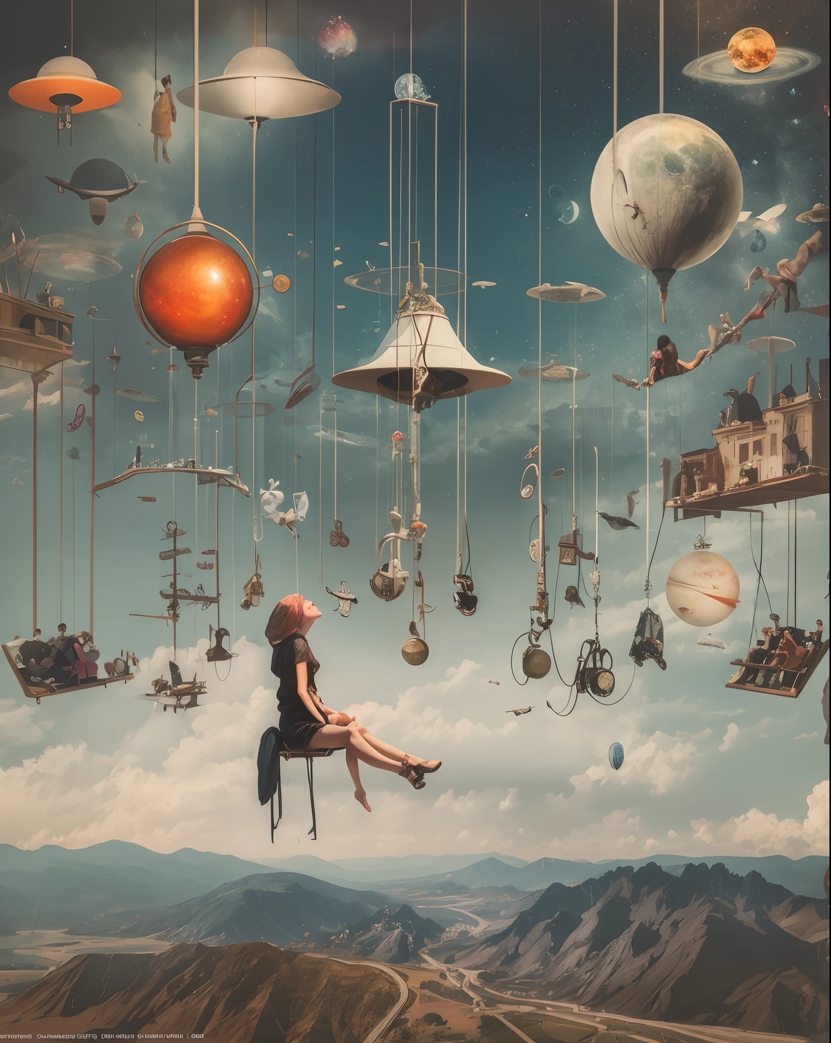 there are many people that are hanging upside down on wires, surreal collage, surrealism aesthetic, a contemporary artistic collage, digital collage, suspended in outer space, inspired by Hannah Höch, collage style joseba elorza, bgill55_art,surreal scene, cosmic energy wires, surreal illustration, 1980s surrealism aesthetic, overload, surreal composition, surreal dream