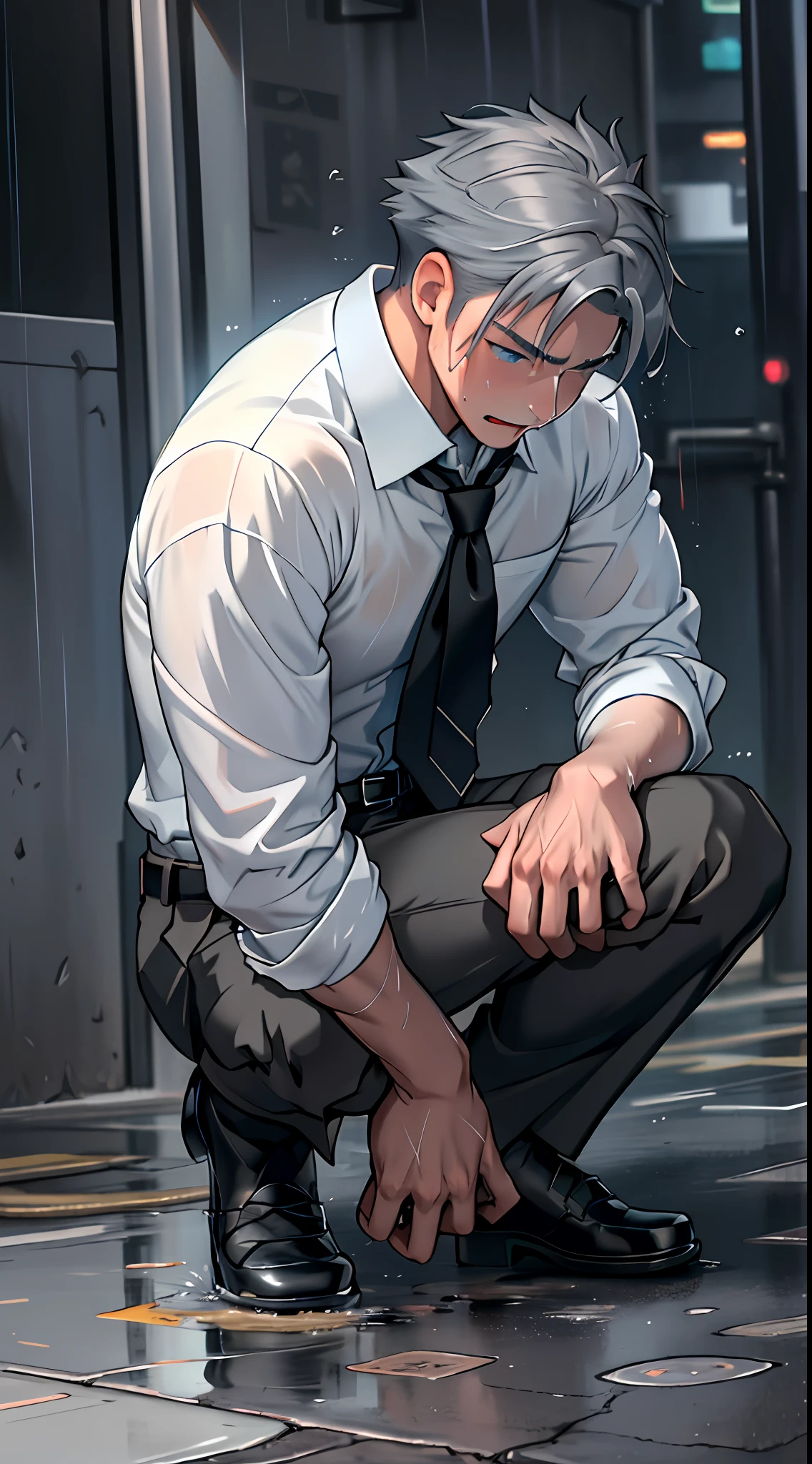 (1 Adult male),A high resolution, Sharp focus, Pixiv masterpiece, ((Complicated details)), highly detailed, natsuki_subaru,Multi-view upper body,Suit pants view, 1 man,is shy,Pee on the legs,pissing,Urine runs down the thighs,embarressed,exhilarated,is shocked,panicking,worry,A small puddle of their own urine forms around the feet,full bodyesbian,kneels on the ground,Very eager to pee,It's uncomfortable,Wet yourself,Urine discharge, Sweaty crotch,Drenched,rain,The shirt is soaked,(A gesture of pleading),blue color eyes(eyes glowing), Short gray hair,white shirt,Wear a tie,Wear a belt,Black suit trousers,perspire,look from down