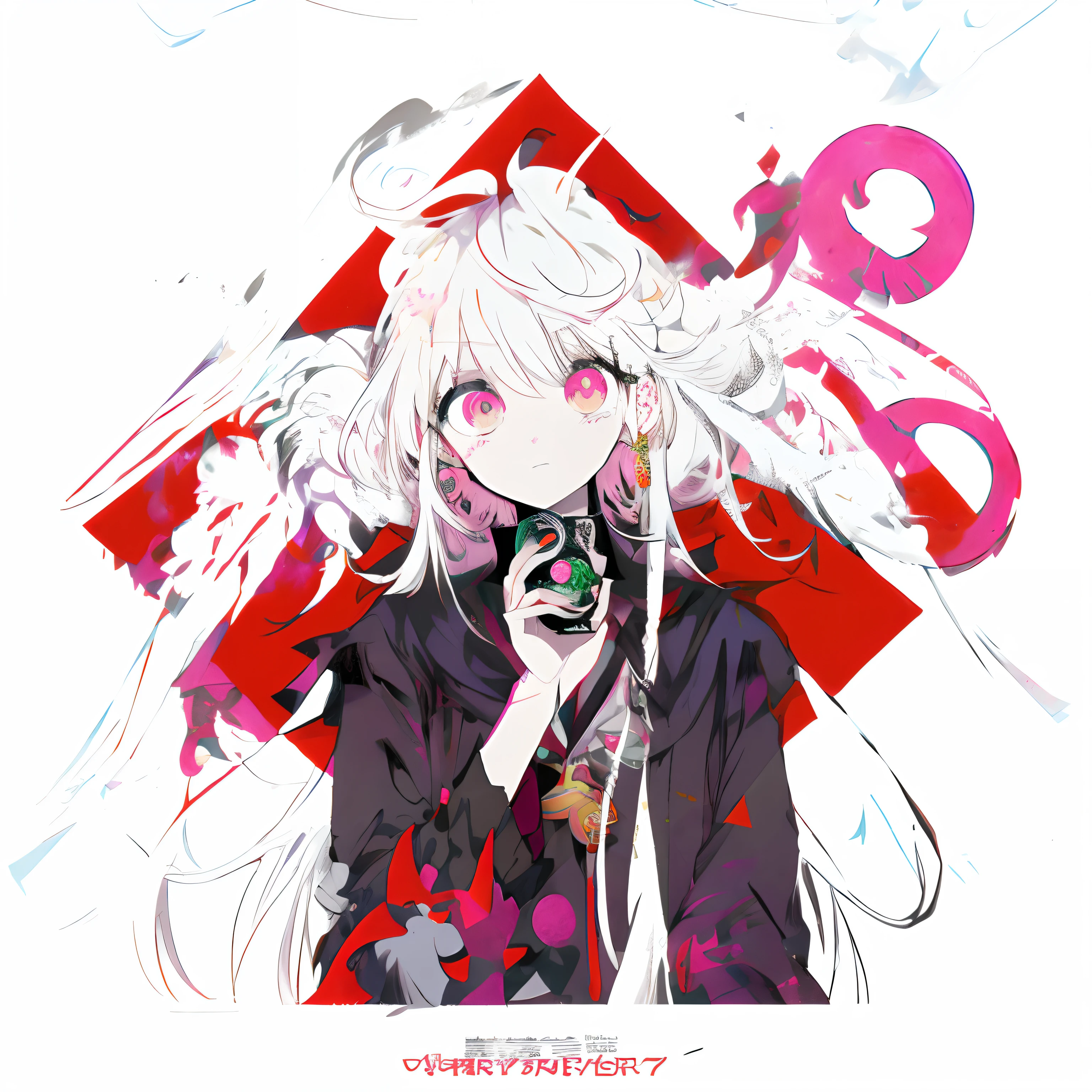 Anime angel girl with pink eyes and white hair, digital art from danganronpa, zerochan, demon anime girl, 1 7 - - old me goth girl, white-haired god, nagito komaeda, in ryuuou no oshigoto art style, Junko Enoshima, author:Ei-Q, zerochan art, In a Japanese anime style