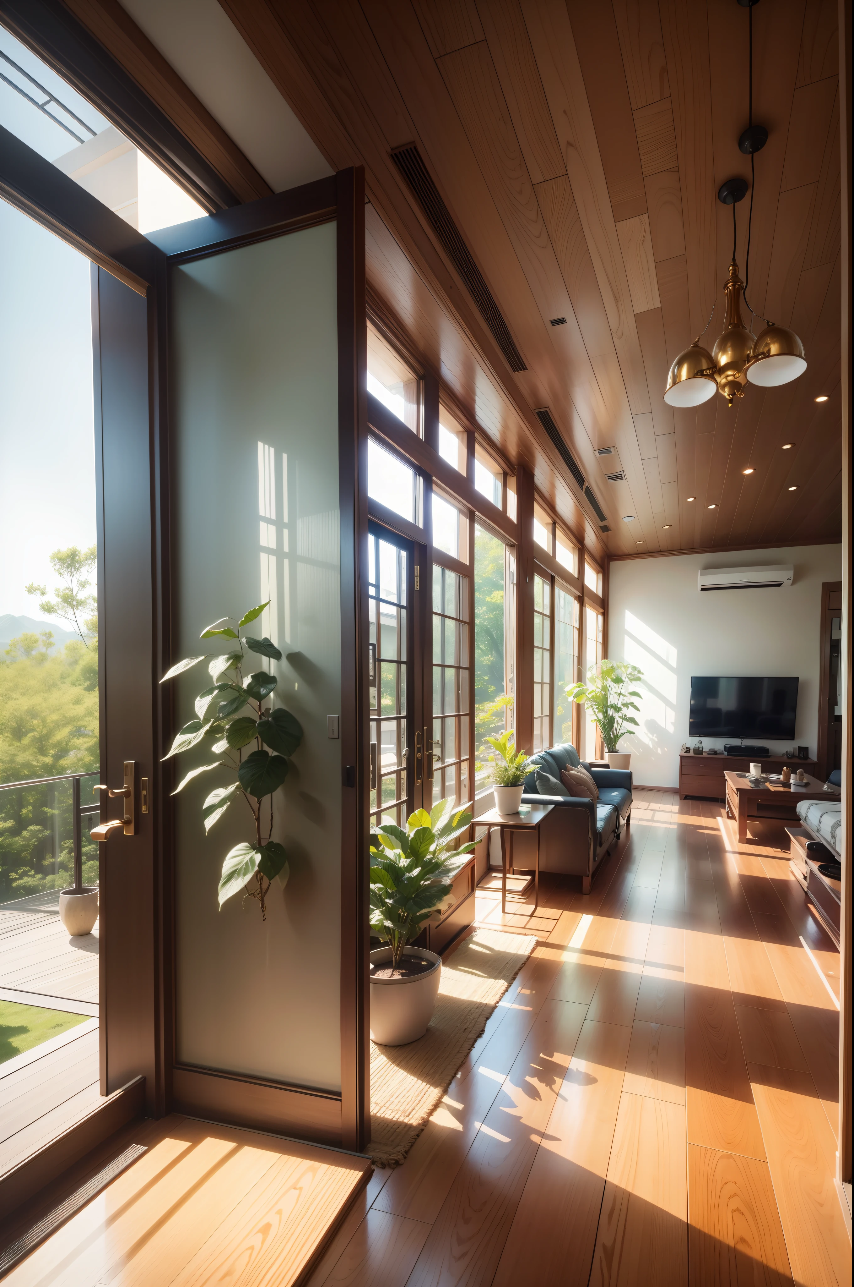 interior design、Insanely detailed wide-angle architectural photo、Cozy contemporary living room、(Bright and warm sunlight 1:0.1)、Award-winning contemporary interior design、landscapes、The table、a chair、in a house、Wooden flooring、window、resturant、east asian east asian architecture、sliding paper doors、abajour、architectural、the woods、naturey、cups、a plant、interior design、Insert lighting and shadows、depth of fields、low illuminance