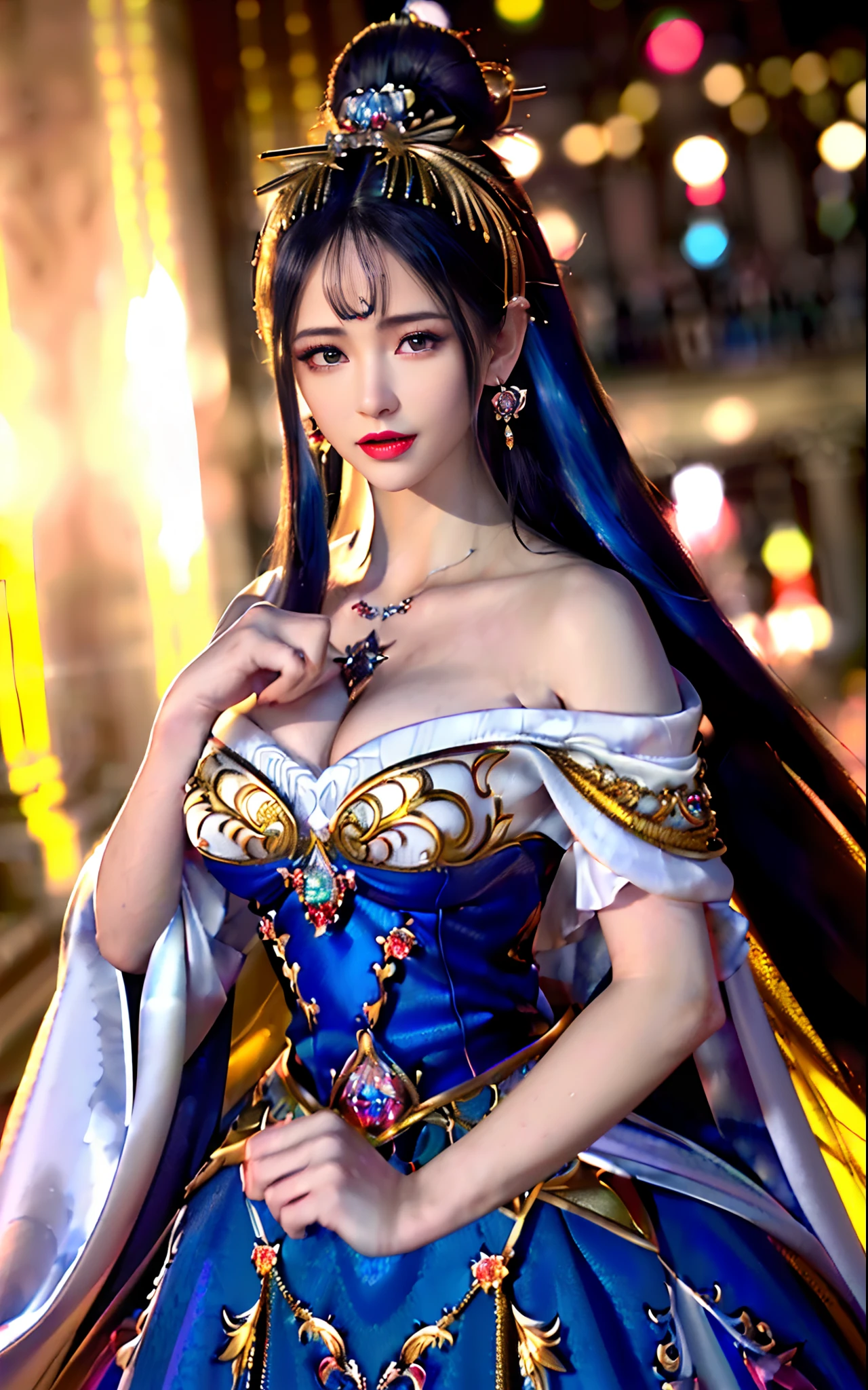 ((realisticity: 1.2)), ((realistic: 8K UHD)), ((best resolution: 8K UHD)), hyper detailed, best quality,masterpiece,highres,cg, ((1 girl hyper detailed and hyper realistic) ) , ((beautiful queen, hyper realistic and hyper detailed)),((white skin, beautiful, smooth, youthful, hyper realistic and hyper detailed )), ((Face hyper beautiful, white, hyper realistic and hyper detailed ) ), long hair, ((hyper realistic and hyper detailed dress)), solo, ((hyper realistic, hyper beautiful, beautiful and hyper detailed jewelry)), ((hyper beautiful deep red and golden yellow dress, hyper realistic and hyper detailed )) , ((Her pretty, hyper realistic, hyper detailed diamond filled earrings)), ((Her gorgeous diamond haircut, hyper realistic and hyper detailed)), ((hyper pretty upper body, hyper beautiful, hyper realistic and hyper detailed) ), ((medium breast: 1.5)), ((hyper realistic, hyper pretty, hyper detailed boobs)),   ((the backgroun of the royal palace is hyper majestic, hyper realistic and hyper detailed)),((hands and palms hyper beautiful, hyper detailed, hyper realistic)), ((fingers: pinky finger, index finger, ring finger, middle finger, and thumb hyper realistic, hyper detailed, hyper beautiful)), ((hyper pretty, hyper pretty, hyper realistic and hyper detailed hair bun)), ((hyper pretty , hyper realistic and hyper detailed blue hair)), candid, Photo, high resolution, 8k , bokeh,