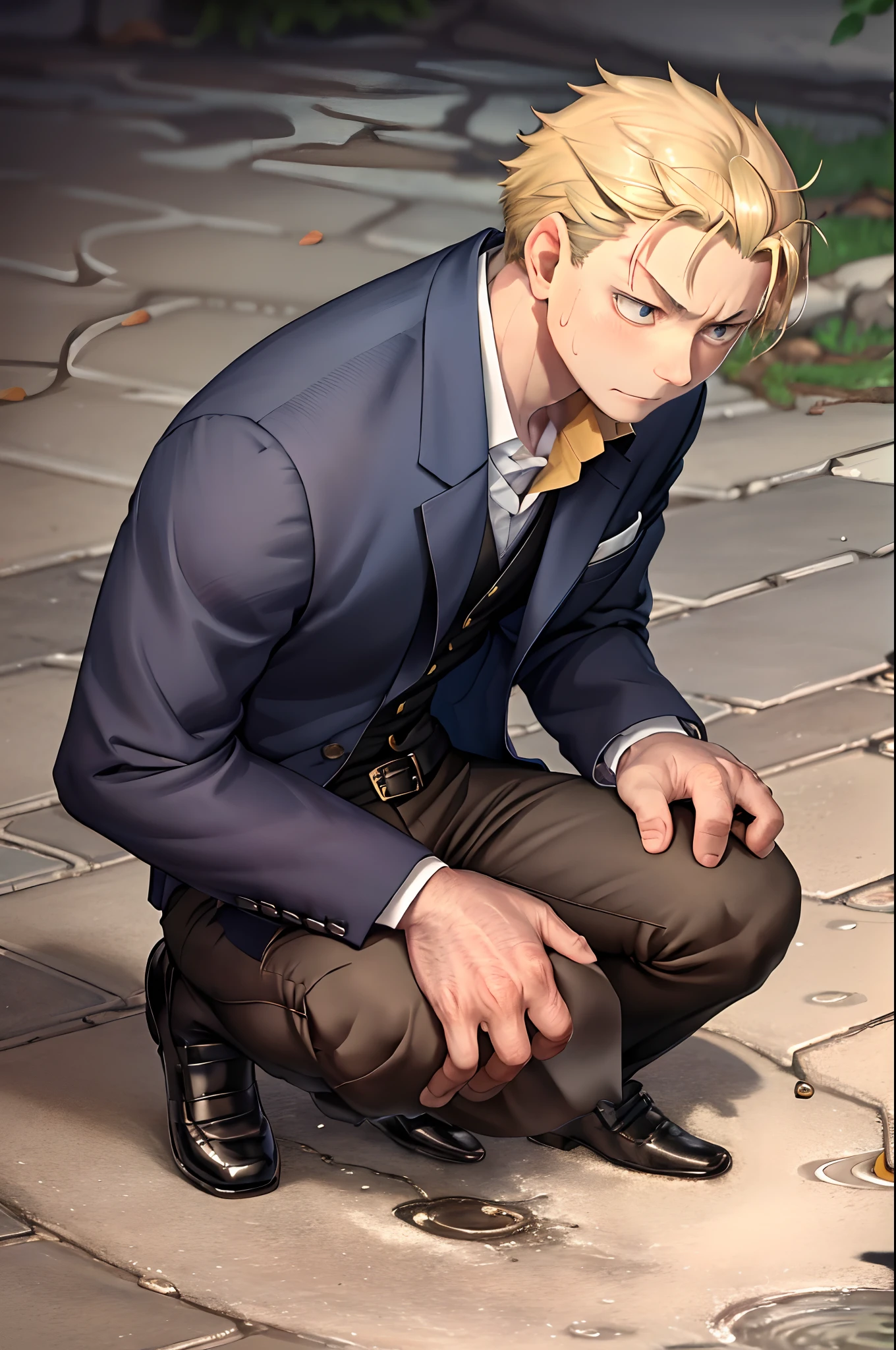 (1 Adult male),A high resolution, Sharp focus, Pixiv masterpiece, ((Complicated details)), highly detailed, natsuki_subaru,Multi-view upper body,Suit pants view, 1 man,is shy,Pee on the legs,pissing,Urine runs down the thighs,embarressed,exhilarated,is shocked,panicking,worry,A small puddle of their own urine forms around the feet,full bodyesbian,kneels on the ground,Very eager to pee,It's uncomfortable,Wet yourself,Urine discharge, Sweaty crotch,Drenched,rain,The shirt is soaked,(A gesture of pleading),blue color eyes(eyes glowing), Short yellow hair,white shirt,Wear a tie,Wear a belt,Black suit trousers,perspire,look from down