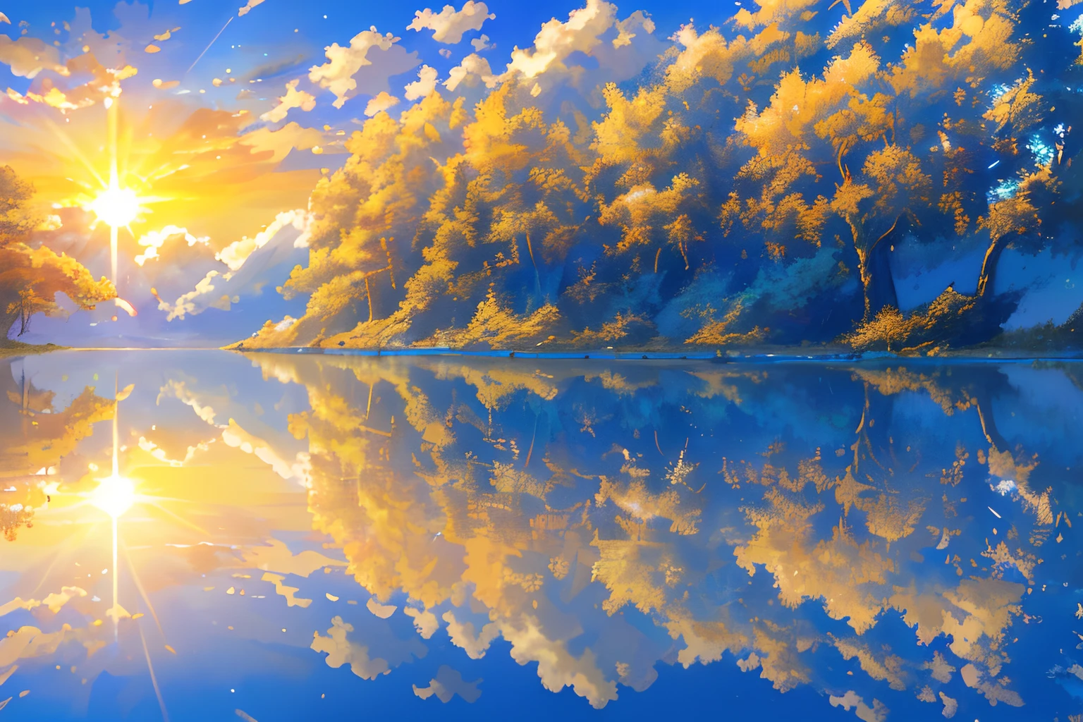 ​masterpiece, top-quality, (extremely detailed CG unified 8k wallpaper) (top-quality), (The best illustrations), (best shade)、Super Meticulous, blue-sky、Variety of clouds、Wonderfully beautiful、nostalgic、Looking up at the sky、Reflection of the Sun、Natural colors、the woods、Scenic、Summer sky