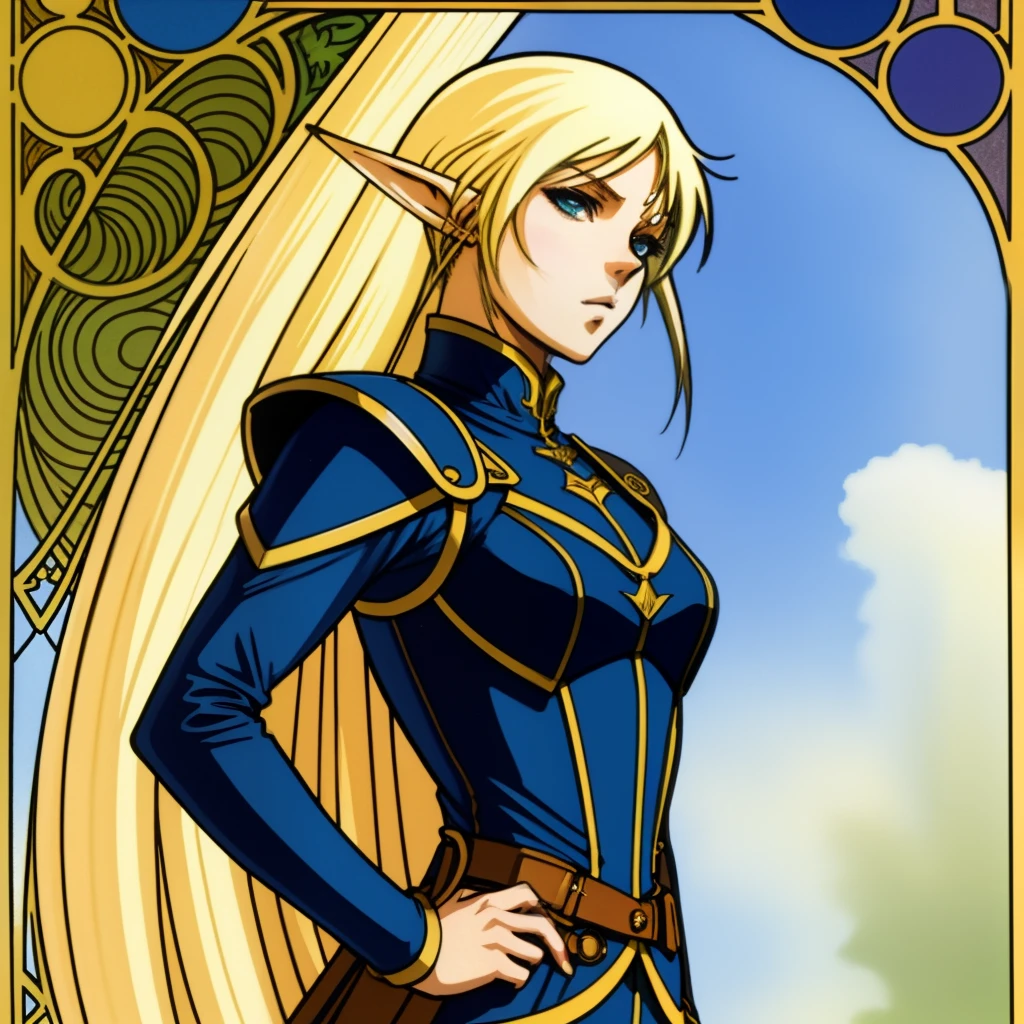 A  beautiful blond female anime hero elf in leather clothes, style of Alphonse Mucha