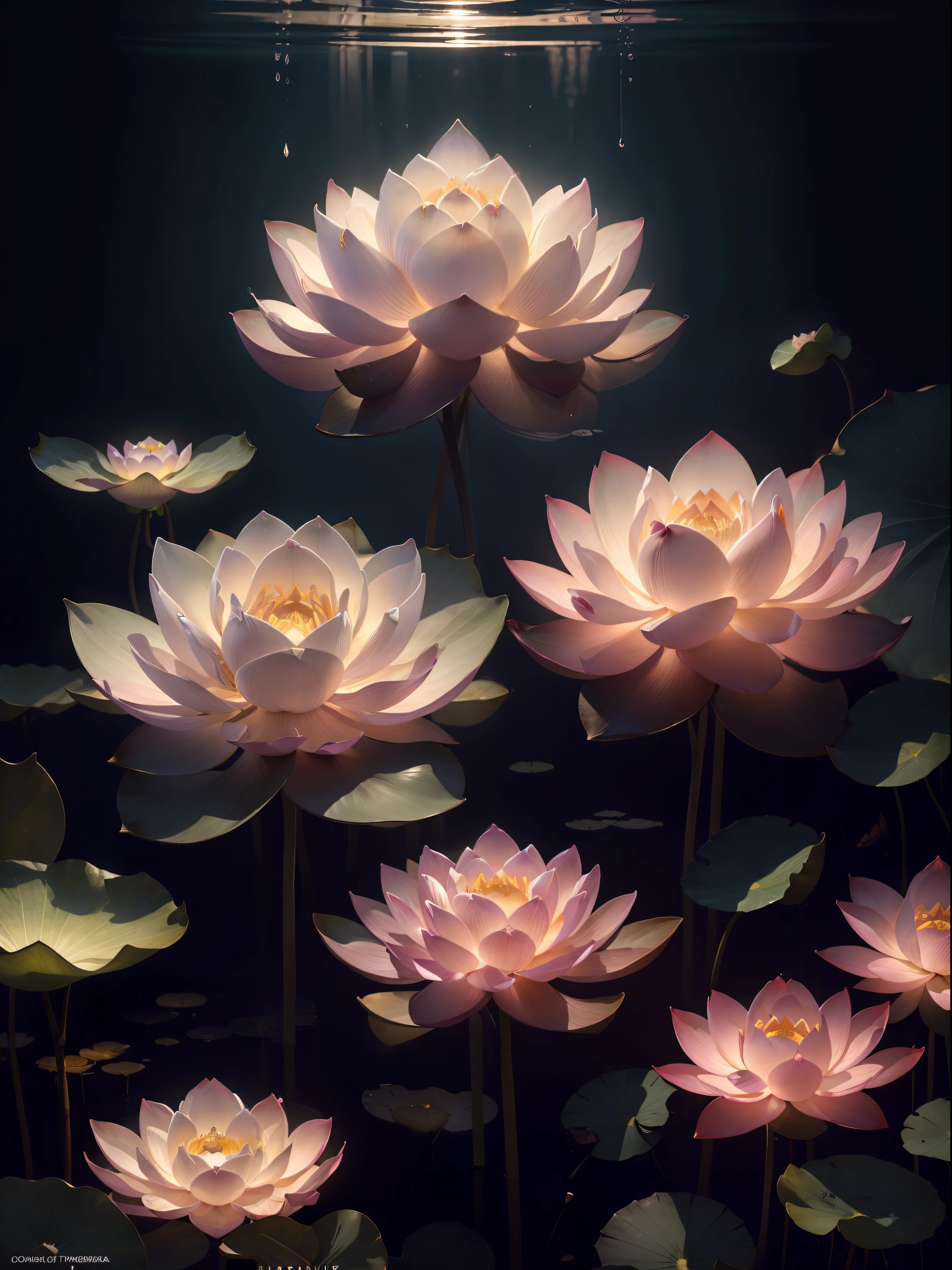 ((The lotus flowers)), super transparent, Holy Light, beautiful spectral light, petals glow, flashes, Dark background, drops of transparent light, reflective light, Bright, light streaming in, optics, portrait profile, Sharp Focus, Magical, Convoluted, A hyper-realistic, Fantasy, Composition, light, Trending in art stations, pearls, patronus cloud of silvery vapor, corrosive enveloping ray family, 8K, ureal ar 23v4 uplight