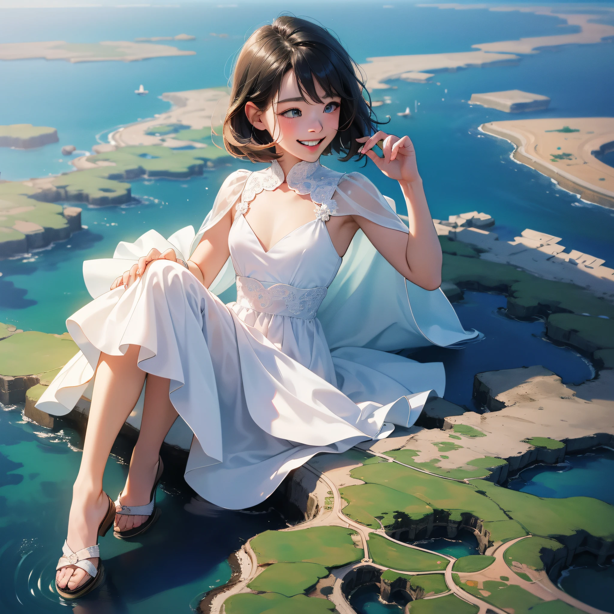 (in 8K、top-quality、masterpiece:1.2)、1人の女性、(Smiling smile:1.1)、beautidful eyes、Valley、The upper part of the body、shorth hair、Like a boy 、Quirk hair、short-cut、Blue View、
