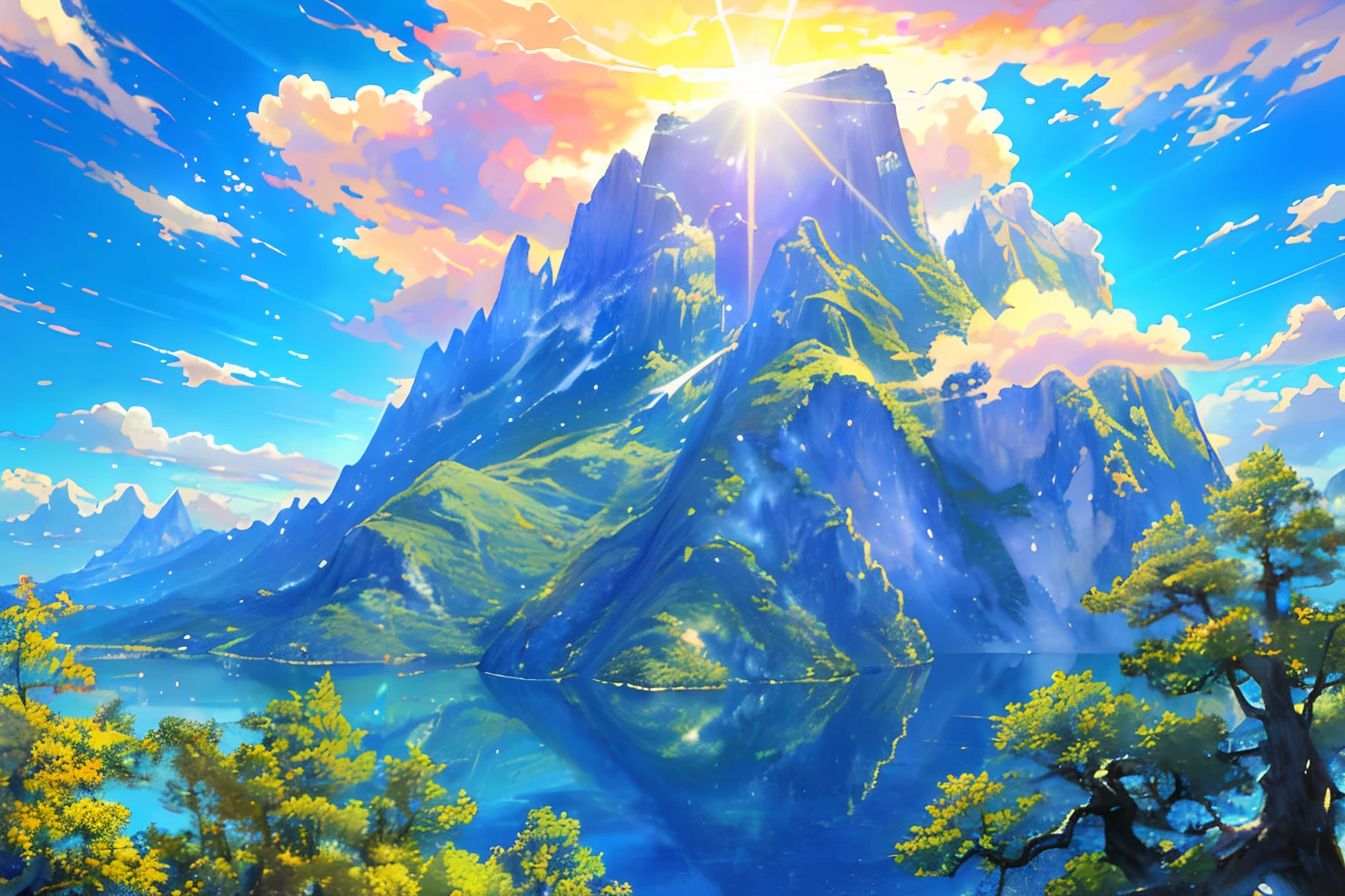 ​masterpiece, top-quality, (extremely detailed CG unified 8k wallpaper) (top-quality), (The best illustrations), (best shade)、Super Meticulous, blue-sky、Variety of clouds、Wonderfully beautiful、nostalgic、Looking up at the sky、Reflection of the Sun、Natural colors、the woods、Scenic、Summer sky