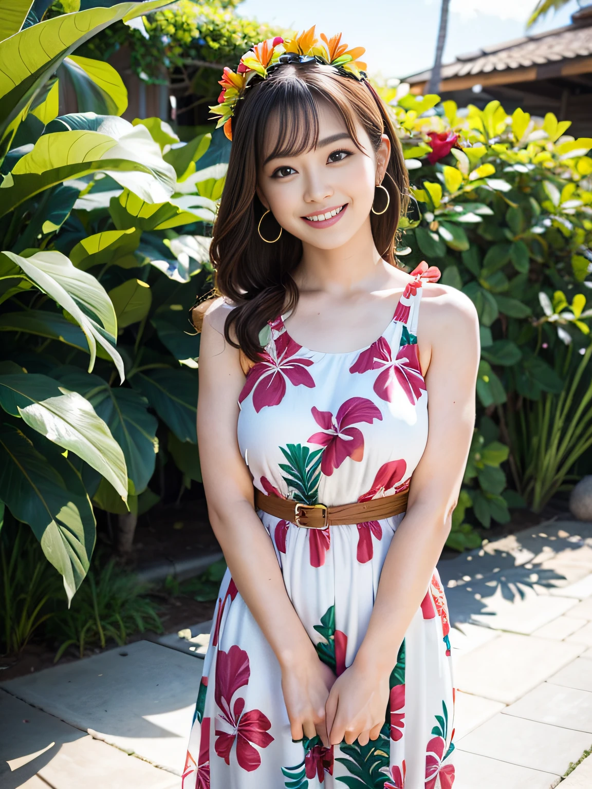 Traditional Muumuu Attractive Poster Advertisement, High resolution, sharp focusing, (bokeh), (The background is a beautiful beach in Hawaii:1.5), BREAK, (Photorealistic:1.2, Real person, Full body shot, Solo Focus), RAW, Beautiful woman, 23 years old, (Stand in a feminine pose:1.2), Detailed beautiful face, pale skin, Floral headdress, wreath, earrings, jewelry eyes, pure eyes, thick lips, smile, shy, beautiful arms, beautiful hands, beautiful fingers with polished nails,(Wearing Hawaiian Long Summer Dress, Floor length:1.5), ruffle collar, off shoulders, long Mu Mu (Hawaiian discreet clothes), BREAK, Her beautiful toes, pedicure, Open-toed sandals, Colorful, Tropical, Modest atmosphere