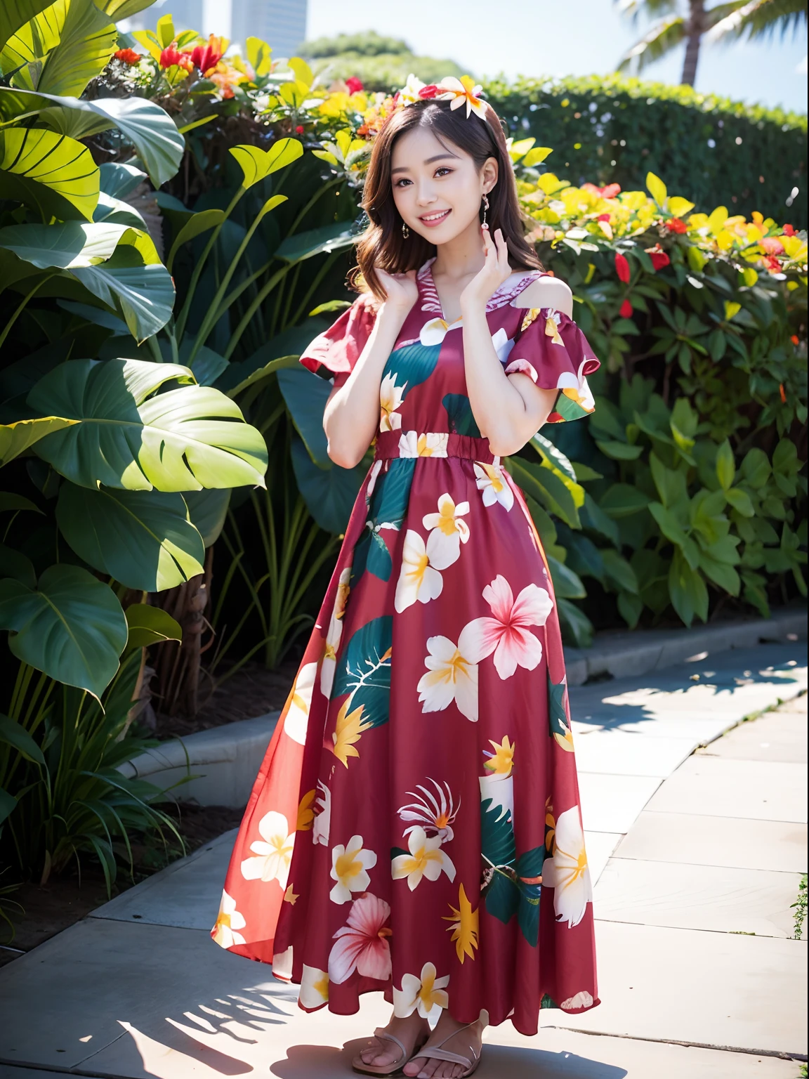 Traditional Muumuu Attractive Poster Advertisement, High resolution, sharp focusing, (bokeh), (The background is a beautiful beach in Hawaii:1.5), BREAK, (Photorealistic:1.2, Real person, Full body shot, Solo Focus), RAW, Beautiful woman, 23 years old,  (Stand in a feminine pose:1.2), Detailed beautiful face, pale skin, Floral headdress, wreath, earrings, jewelry eyes, pure eyes, thick lips, smile, shy, beautiful arms, beautiful hands, beautiful fingers with polished nails,(Wearing Hawaiian Long Summer Dress, Floor length:1.5), ruffle collar, off shoulders, long Mu Mu (Hawaiian discreet clothes), BREAK, Her beautiful toes, pedicure, Open-toed sandals, Colorful, Tropical, Modest atmosphere