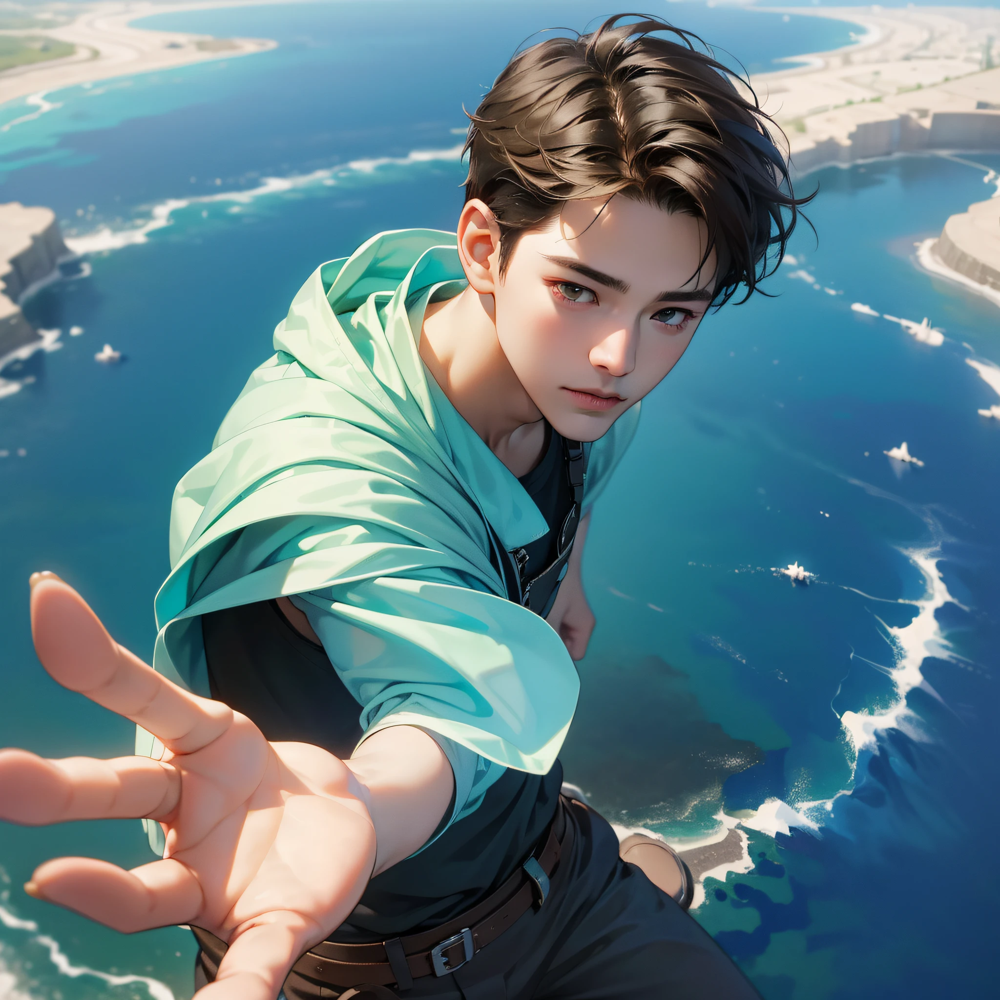 (in 8K、top-quality、​masterpiece:1.2)、1 boy、short-haired、Hair short、Brown-skinned、Blue View、