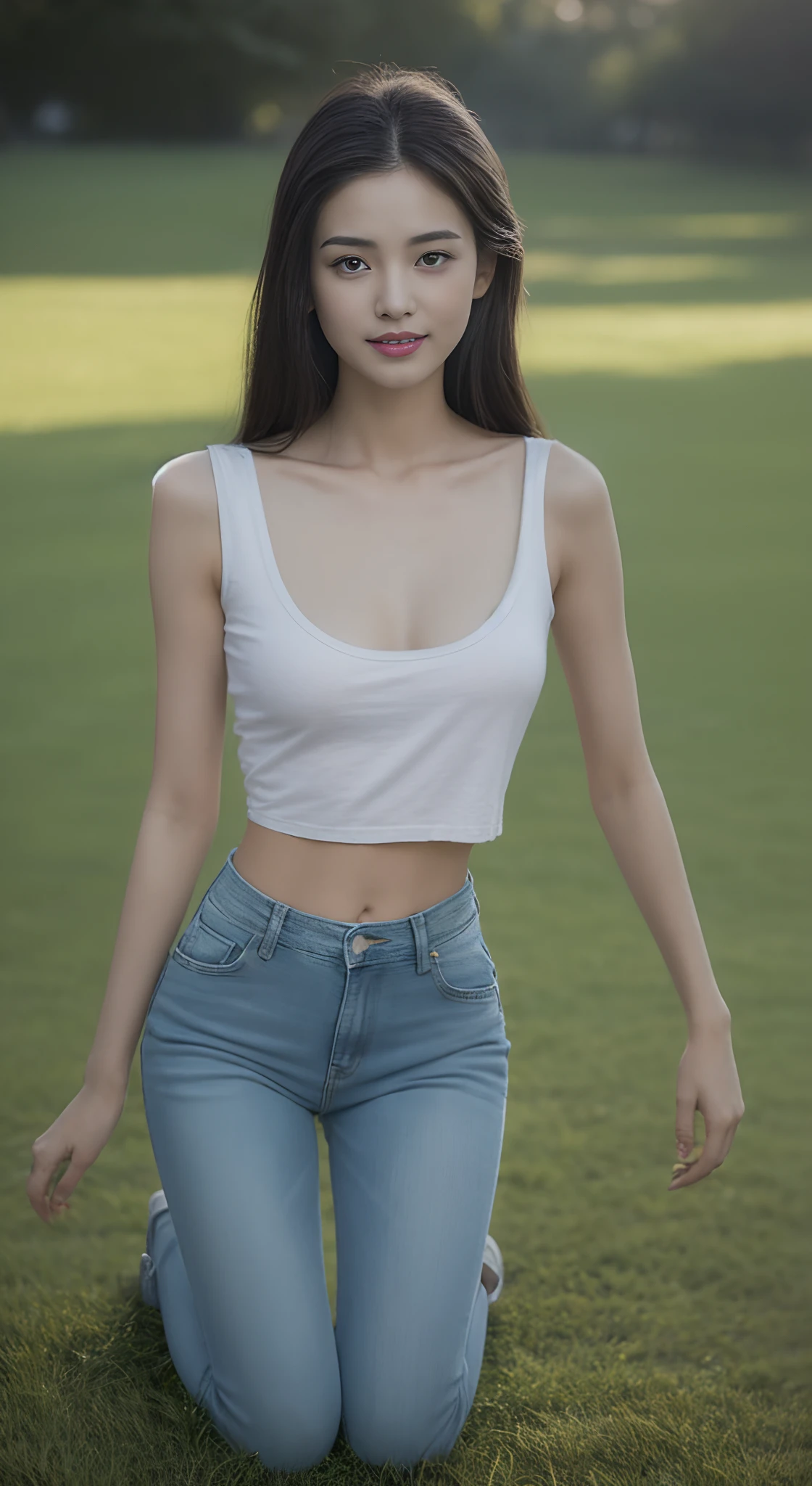 (rain, grassy fields: 1.3), 1 beautiful woman taking pictures on the grass,RAW photos,tmasterpiece,(highdetailskin:1.2),8k ultra high definition,digital SLR camera,gentlesoftlighting,high high quality,filmgrain,富士XT3,20 years old Asian woman,Wear simple clothes,Blue T-shirt and crop top jeans,Detailed clothing details:1.3,perfect body figure,Perfect breasts and nipple bulge,The legs are straight and slender,((Branded stylish shoes:0.6)),Super detailed facial details and skin,Fair pink face and skin,Skin pink and soft,with light glowing,二重まぶた,Super detailed eyes,A sweet smile,(Gloss on lips, eyeslashes, Glossy face, Best quality, Super high resolution, warm color,Wide lighting, naturalshadow), kneels on the ground,The posture is diverse,Show off your sexy beautiful body, Full body shooting: 1.8