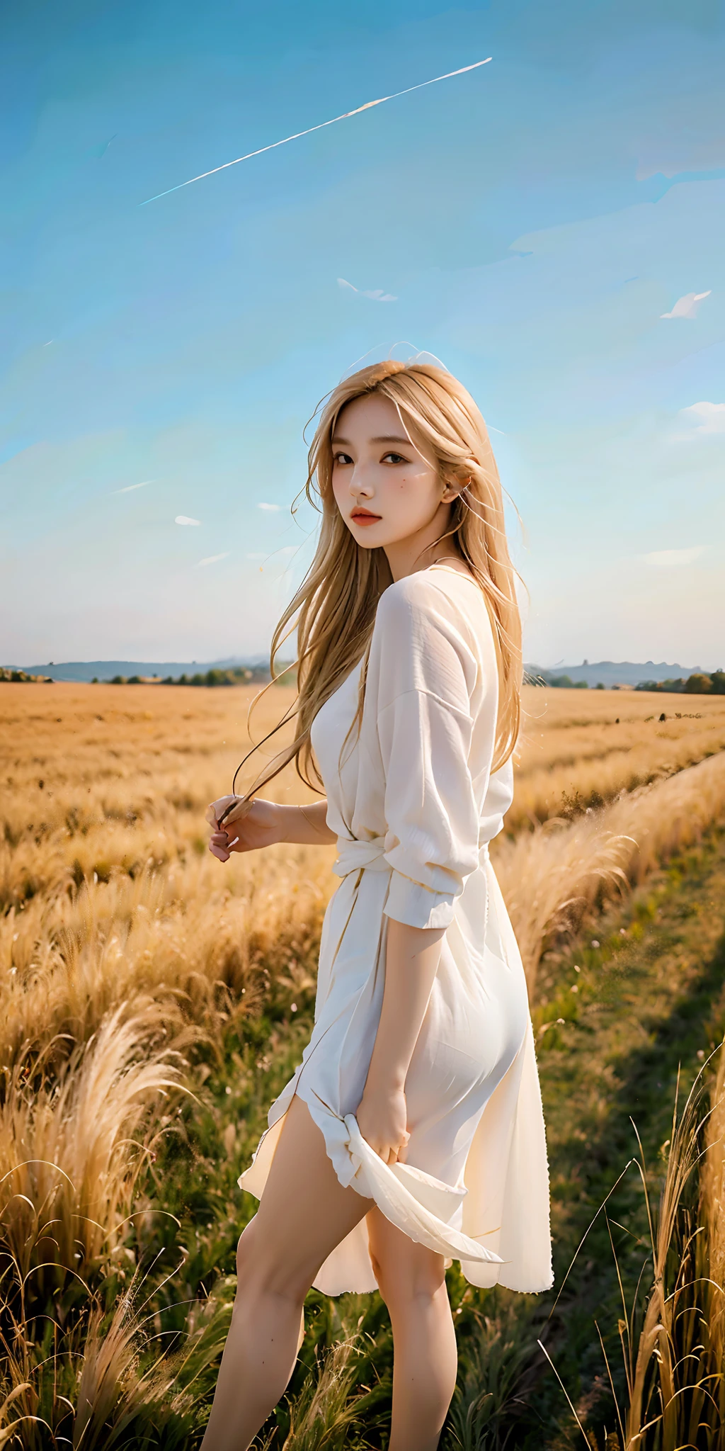 full body, portrait of cute blond girl, standing on a wheat field (((looking away))), bloom, orange fog, motion, wispy hair, realism, high-quality rendering, stunning art, high quality, film grain, Fujifilm XT3, dreamy, acne, freckled, blemish