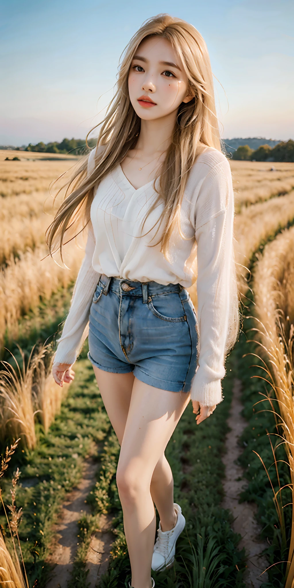 full body, portrait of cute blond girl, standing on a wheat field (((looking away))), bloom, orange fog, motion, wispy hair, realism, high-quality rendering, stunning art, high quality, film grain, Fujifilm XT3, dreamy, acne, freckled, blemish