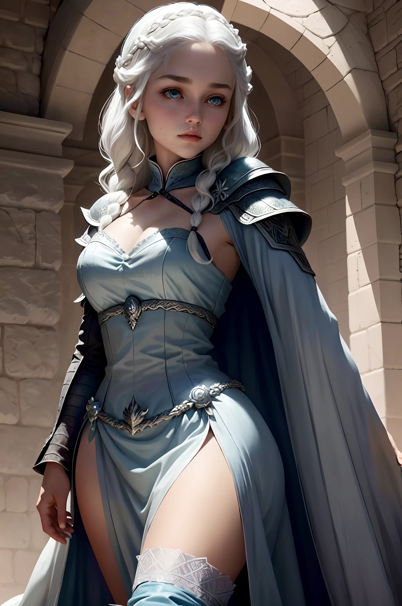 （tmasterpiece，best qualtiy：1.2），独奏，1girll，Game of Thrones heroine，Daenerys Targaryen，（cowboy lens：1.2），（Beautiful skins：1.2），grown woman，beauitful face，Elegant face，（beautidful eyes：1.4），eBlue eyes，Hair is parted at the sides，（Single braid：1.5），Platinum hair，Long white cape，（during night：1.3），（deep colour），inside castle， blue wall，