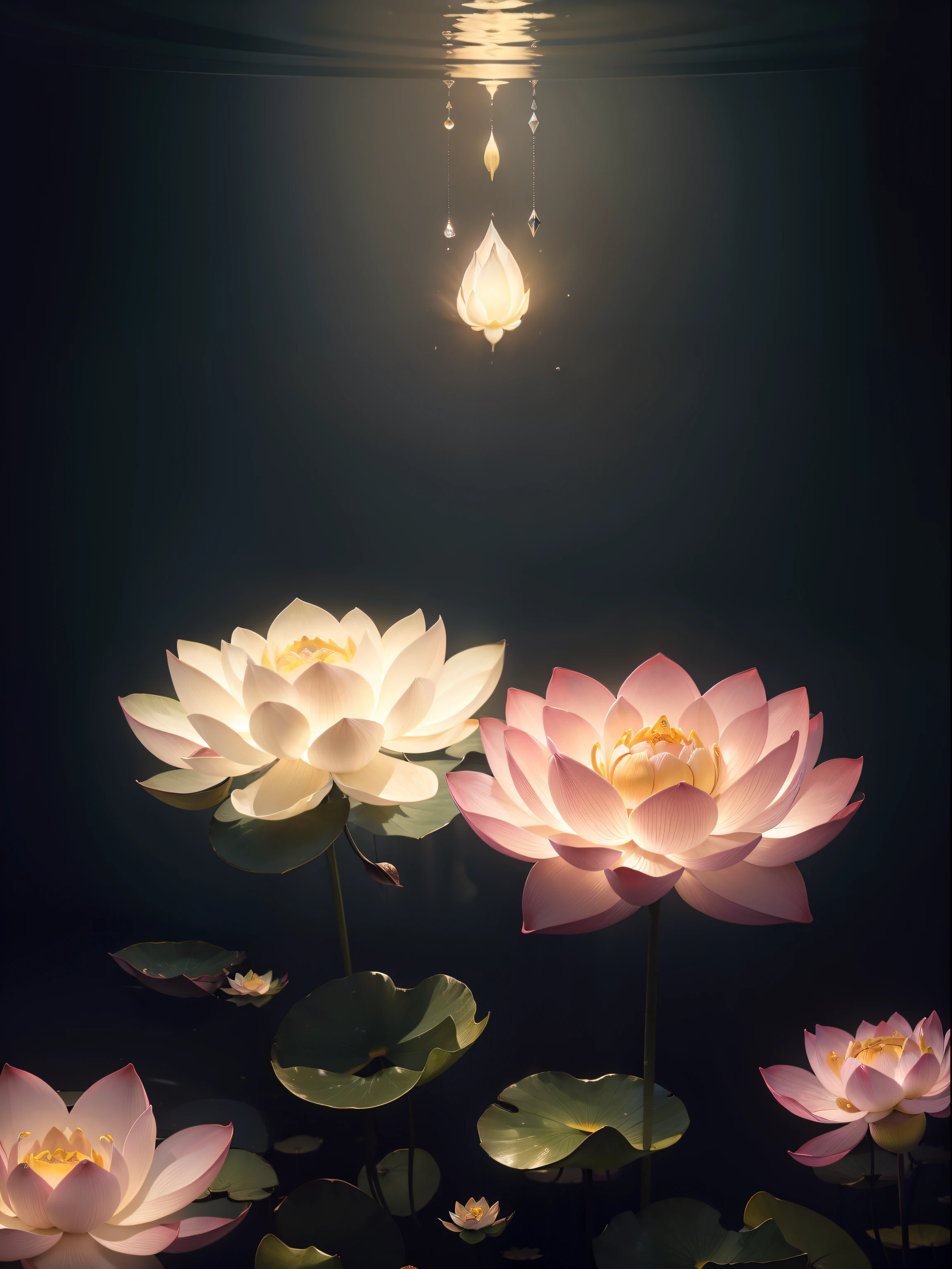 ((The lotus flowers)), super transparent, Holy Light, beautiful spectral light, petals glow, flashes, Dark background, drops of transparent light, reflective light, Bright, light streaming in, optics, portrait profile, Sharp Focus, Magical, Convoluted, A hyper-realistic, Fantasy, Composition, light, Trending in art stations, pearls, patronus cloud of silvery vapor, corrosive enveloping ray family, 8K, ureal ar 23v4 uplight