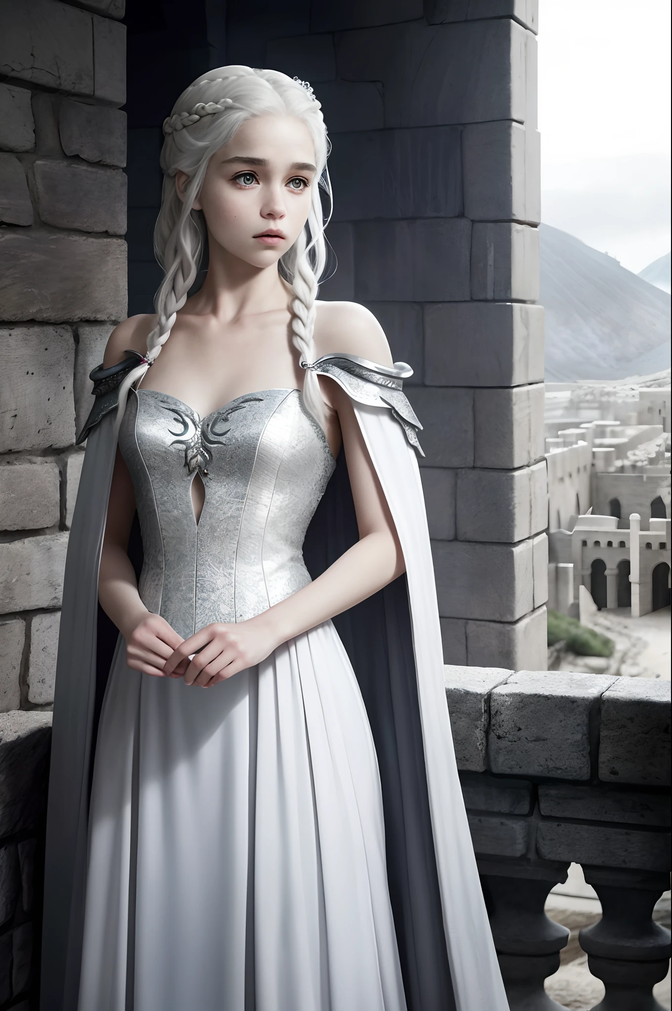 （tmasterpiece，best qualtiy：1.2），独奏，1girll，Game of Thrones heroine，Daenerys Targaryen，（cowboy lens：1.2），（Beautiful skins：1.2），grown woman，beauitful face，Elegant face，（beautidful eyes：1.4），eBlue eyes，Hair is parted at the sides，（Single braid：1.5），Platinum hair，Long white cape，（during night：1.3），（deep colour），inside castle， muri，