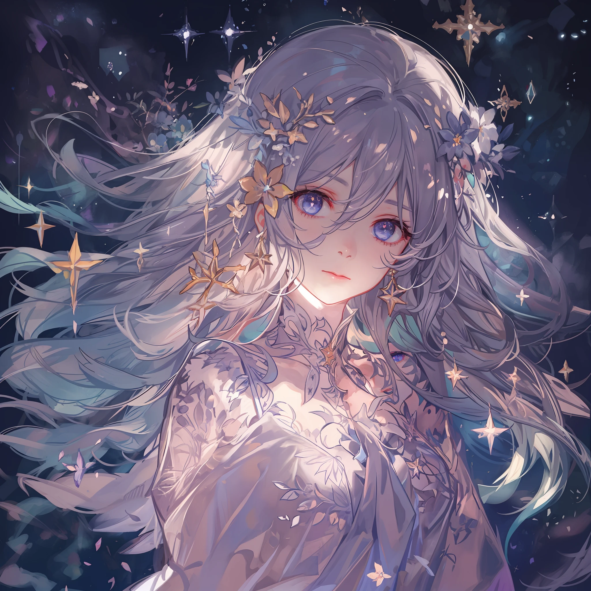 Girl descending from the shining starry sky、(Shining eyes、Beautiful face)